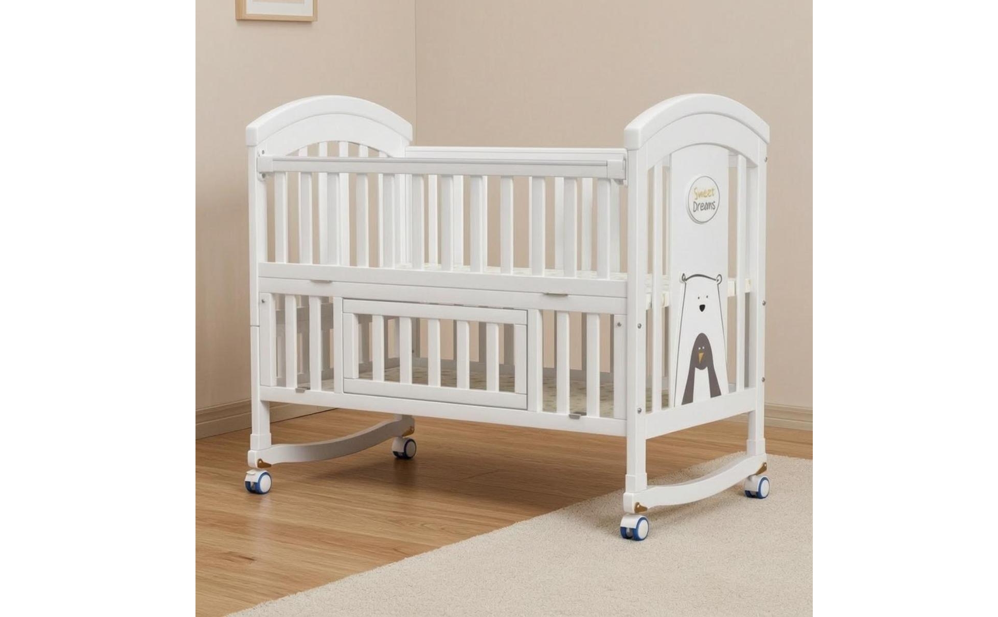 Solid Wood Crib Movable Baby Crib Bed Multifunctional Non Finish for Babies