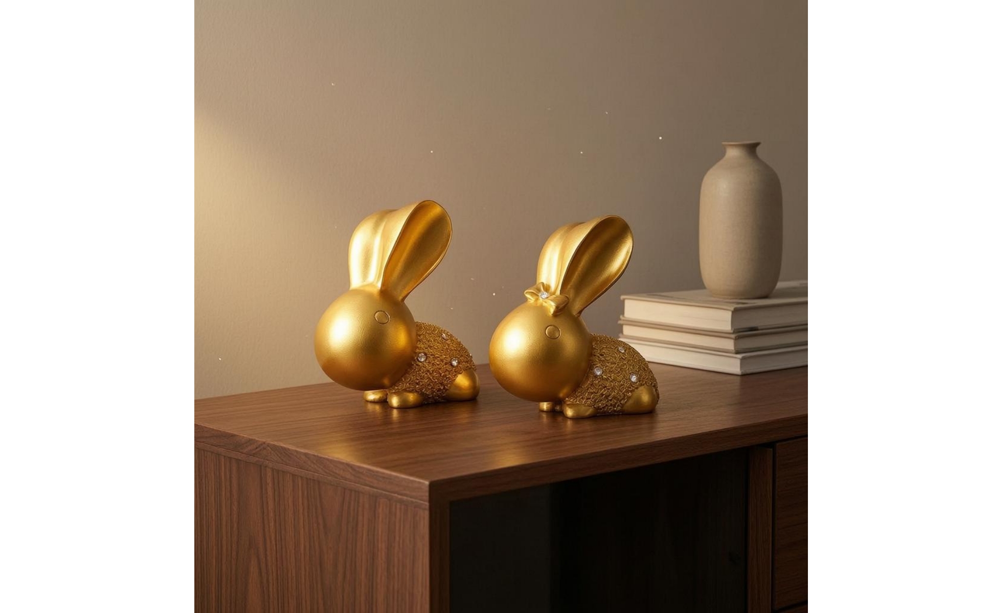 Hare Statue Pair Crystal Embellishments Seated Hare Figurines Textured Torso