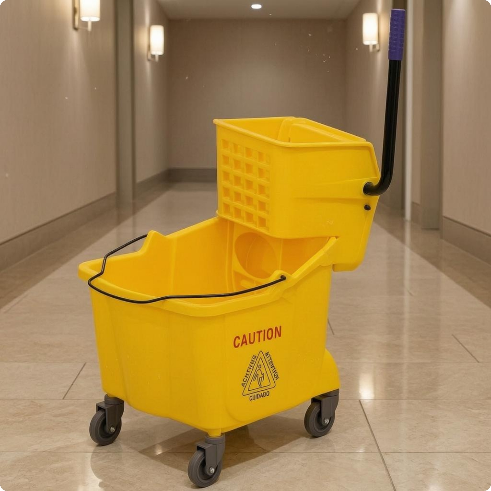 Wringer Pail Trolley Warning Graphic Mop Pail Wringer Easy Mobility