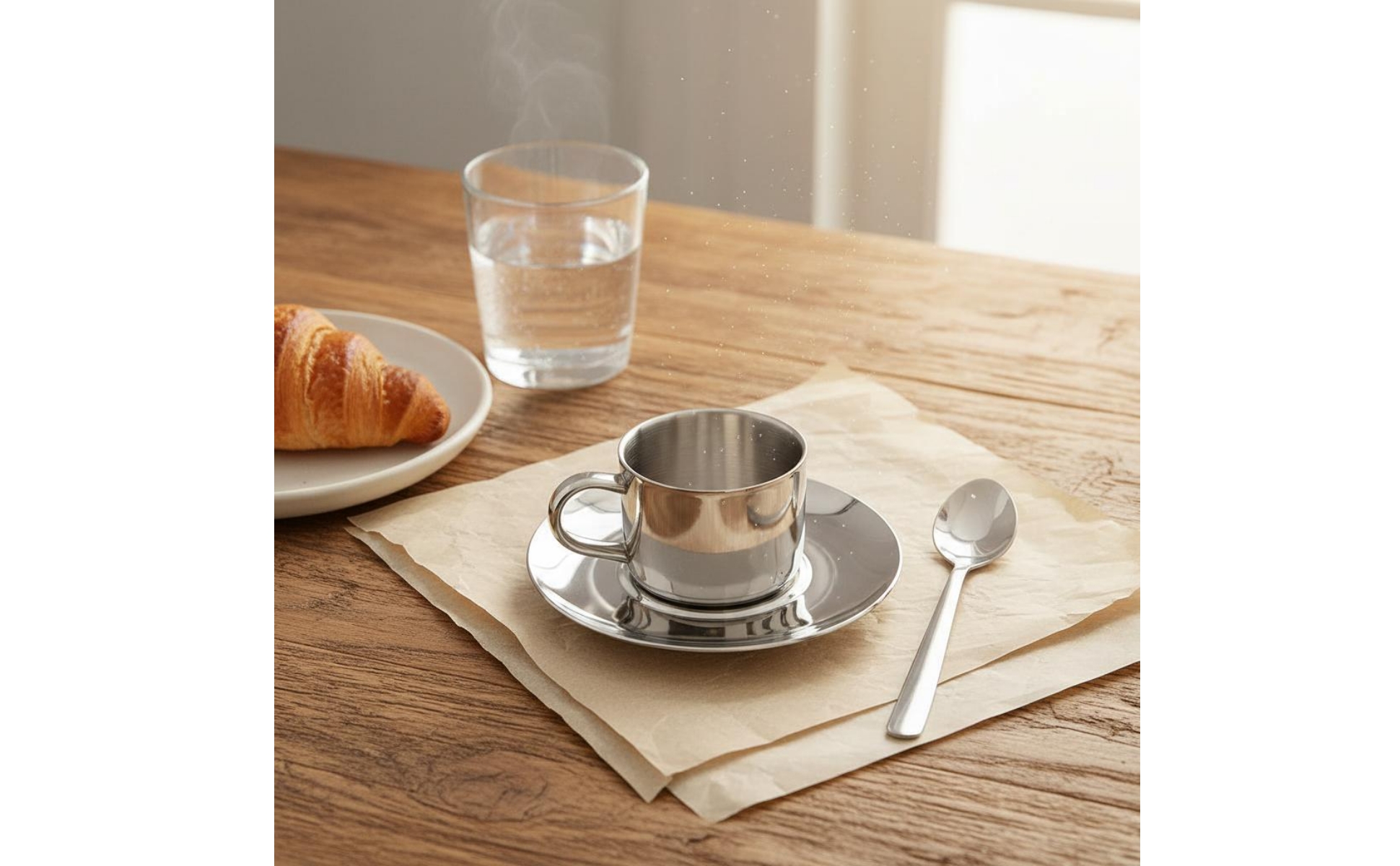 Coffee Mug and Plate Set Elegant Stainless Steel Coffee Mug Set Reflective