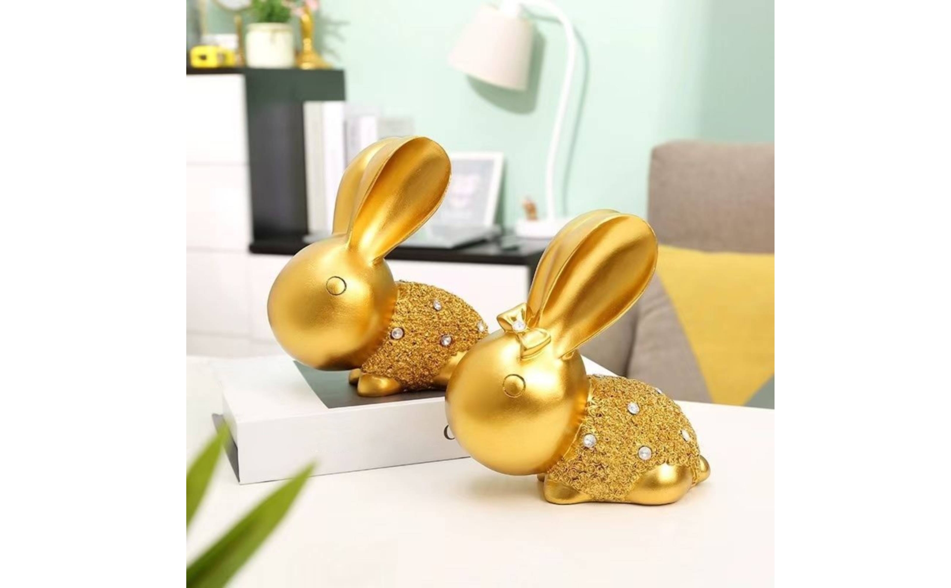 Hare Statue Pair Crystal Embellishments Seated Hare Figurines Textured Torso