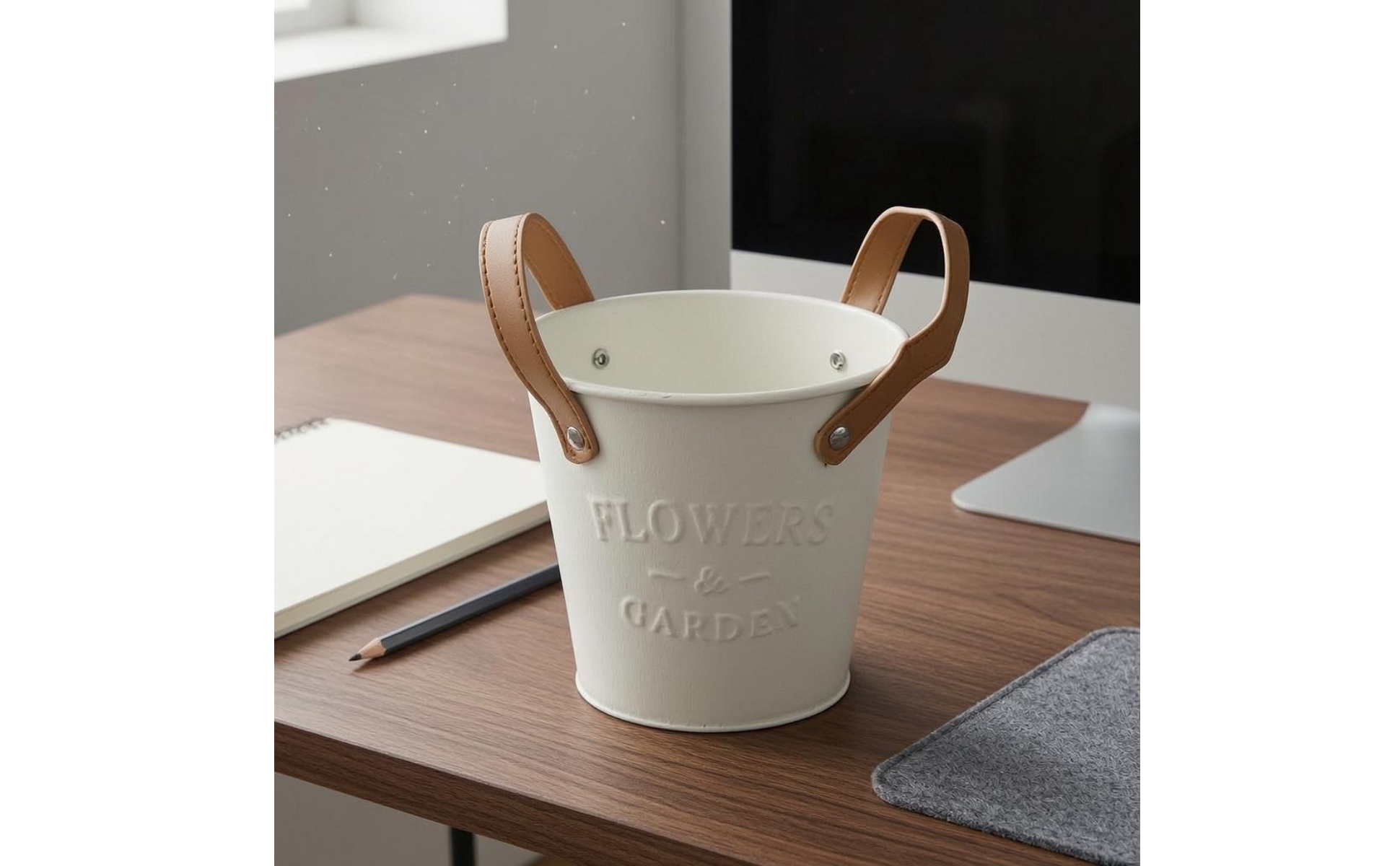 Metal Flower Planter Planter Leather-Style Handles Distressed Metal Planter