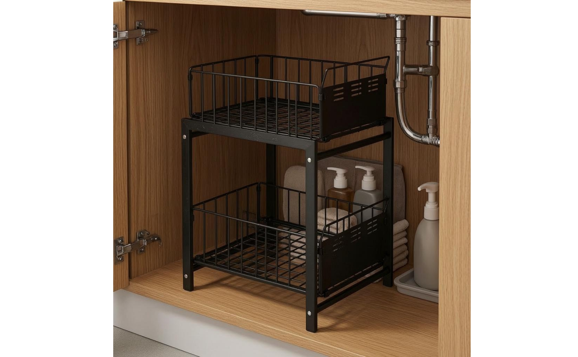 Under Sink Organizer Metal Sliding Basket Organizer Tall Side Rails for Kitchen