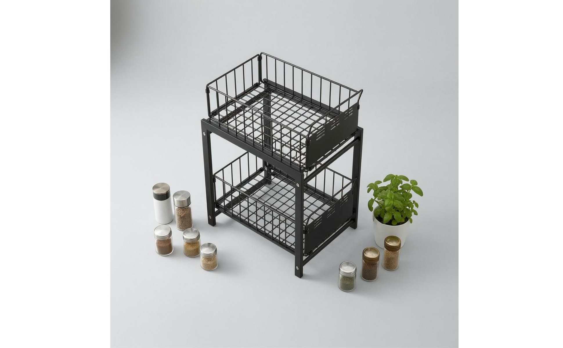 Under Sink Organizer Metal Sliding Basket Organizer Tall Side Rails for Kitchen