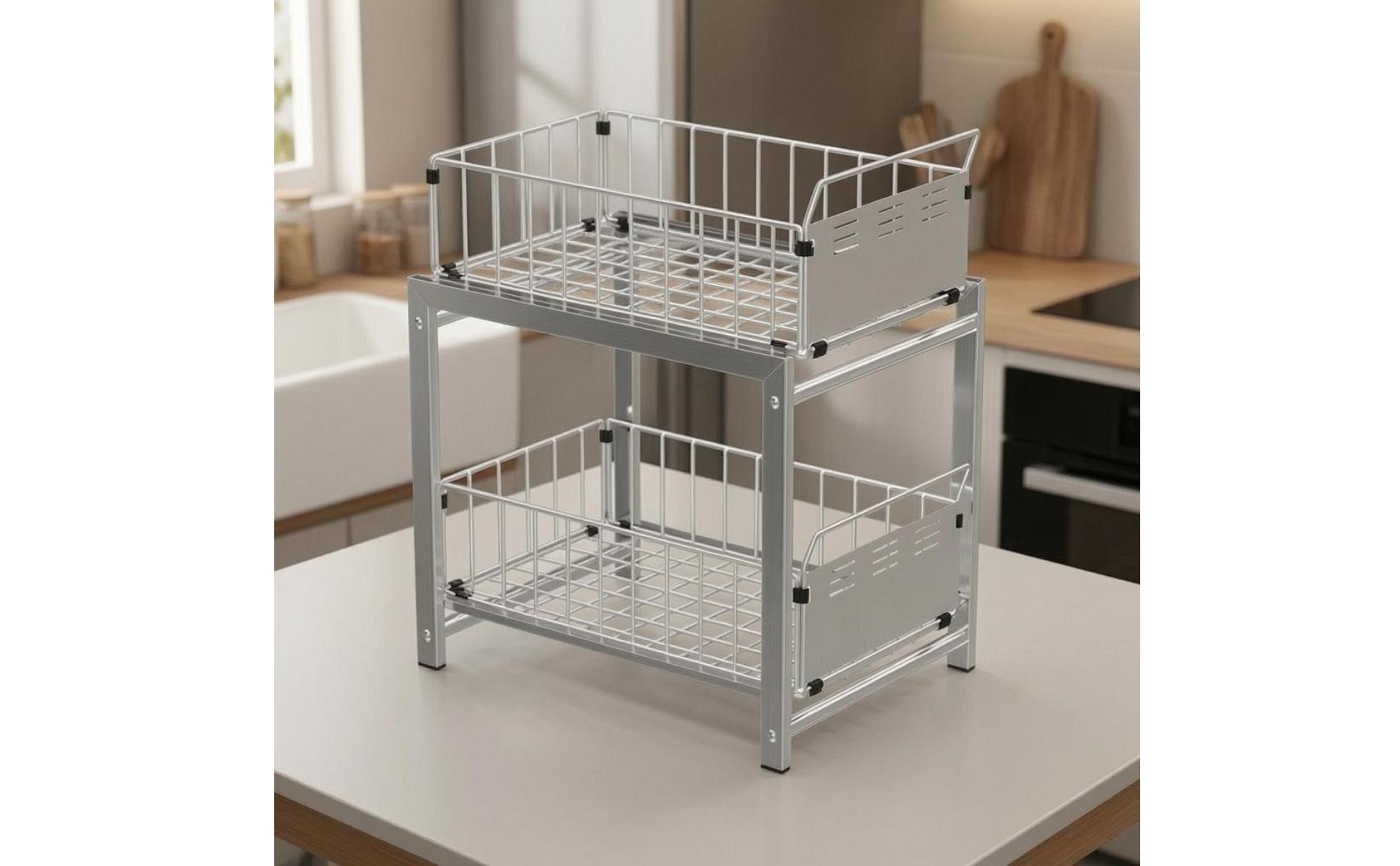 Under Sink Organizer Metal Sliding Basket Organizer Tall Side Rails for Kitchen