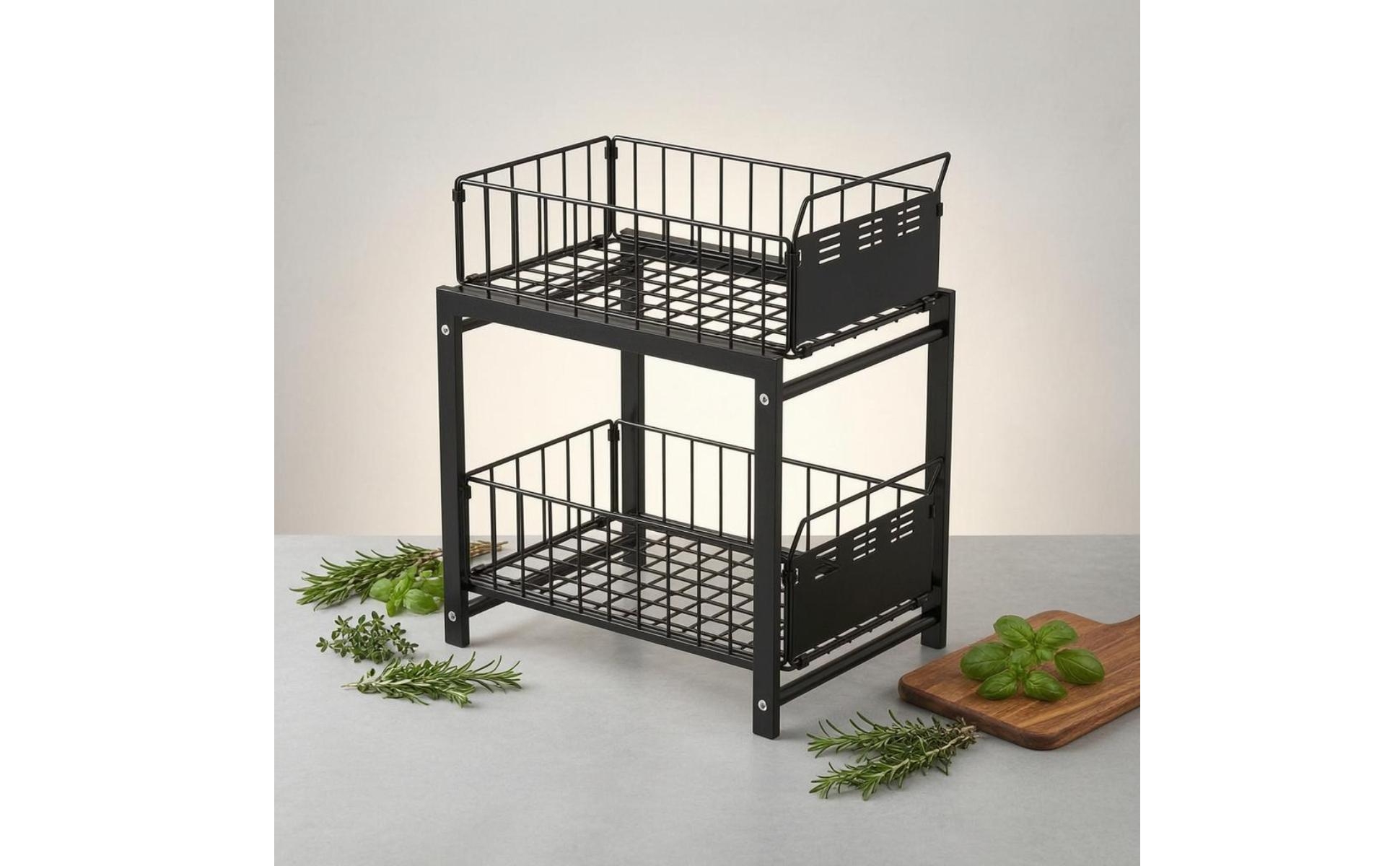 Under Sink Organizer Metal Sliding Basket Organizer Tall Side Rails for Kitchen