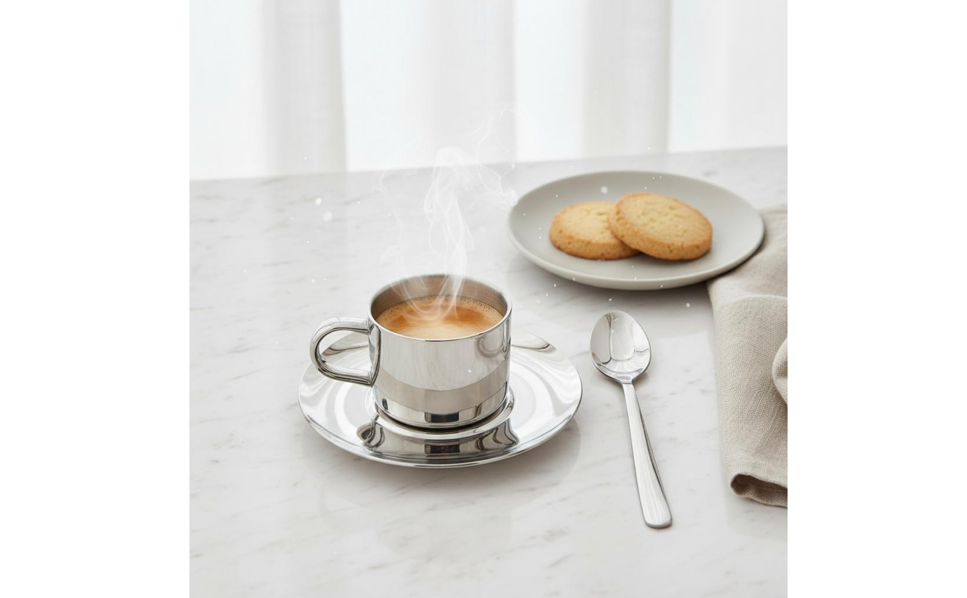 Coffee Mug and Plate Set Elegant Stainless Steel Coffee Mug Set Reflective