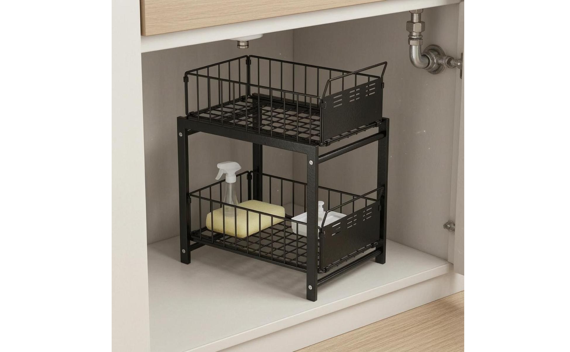 Under Sink Organizer Metal Sliding Basket Organizer Tall Side Rails for Kitchen