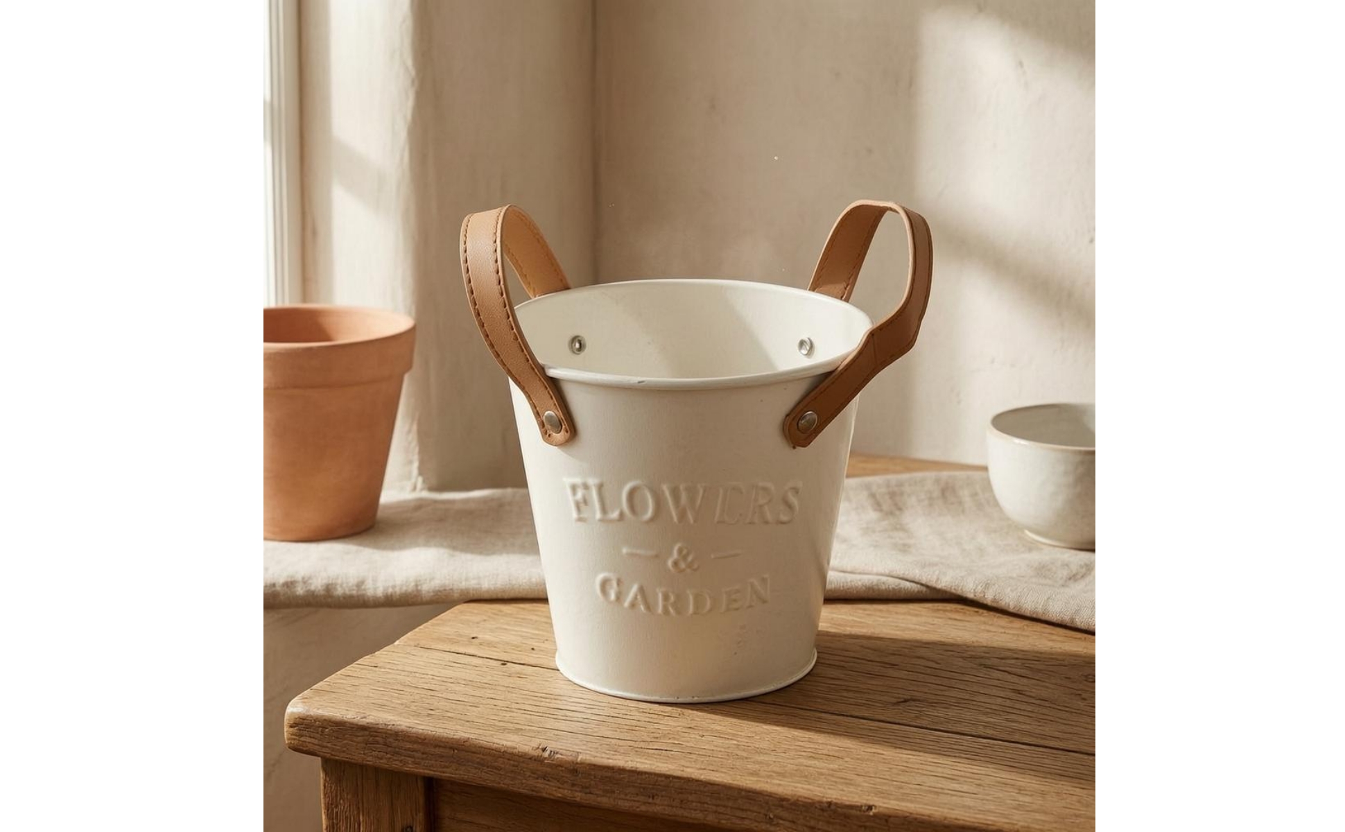 Metal Flower Planter Planter Leather-Style Handles Distressed Metal Planter