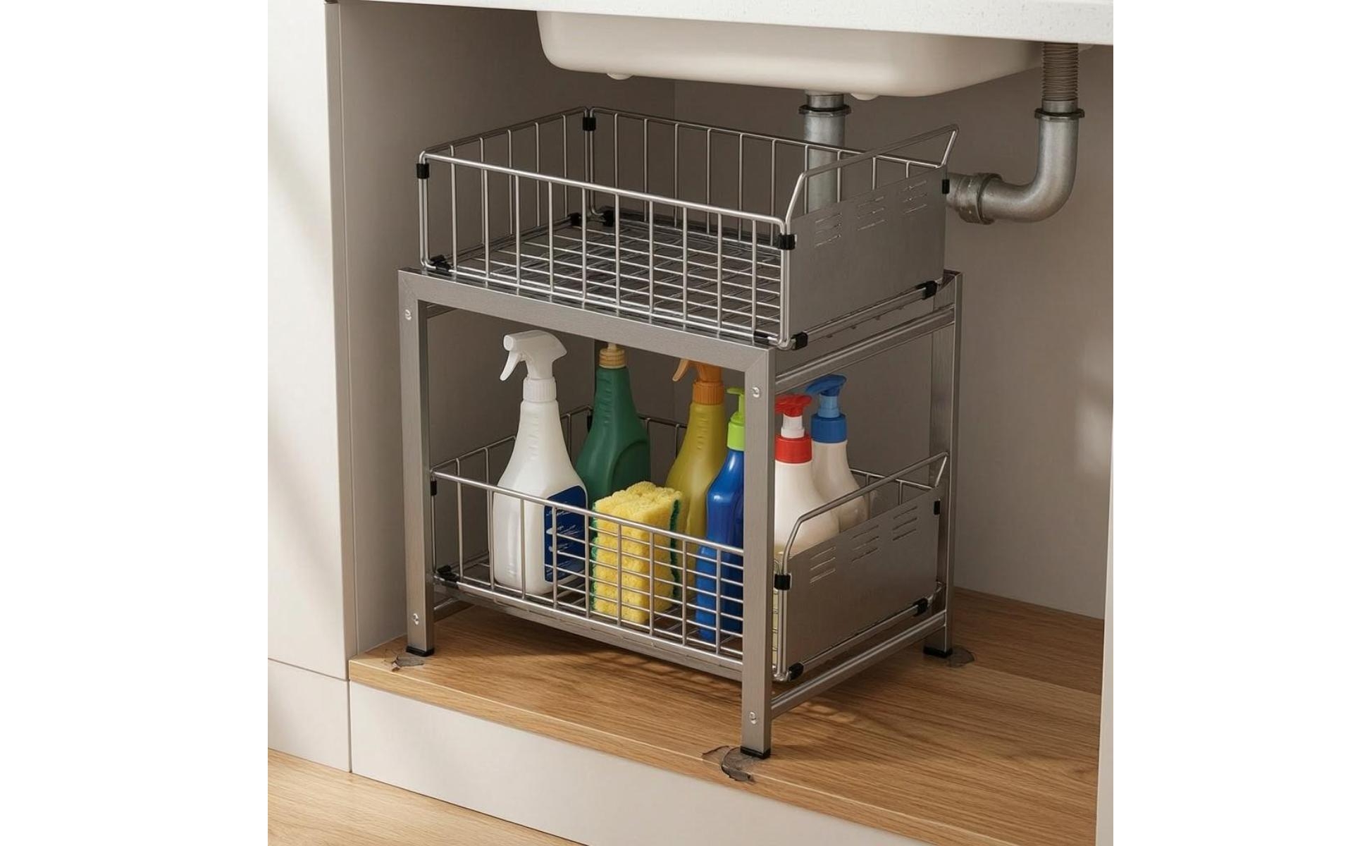 Under Sink Organizer Metal Sliding Basket Organizer Tall Side Rails for Kitchen