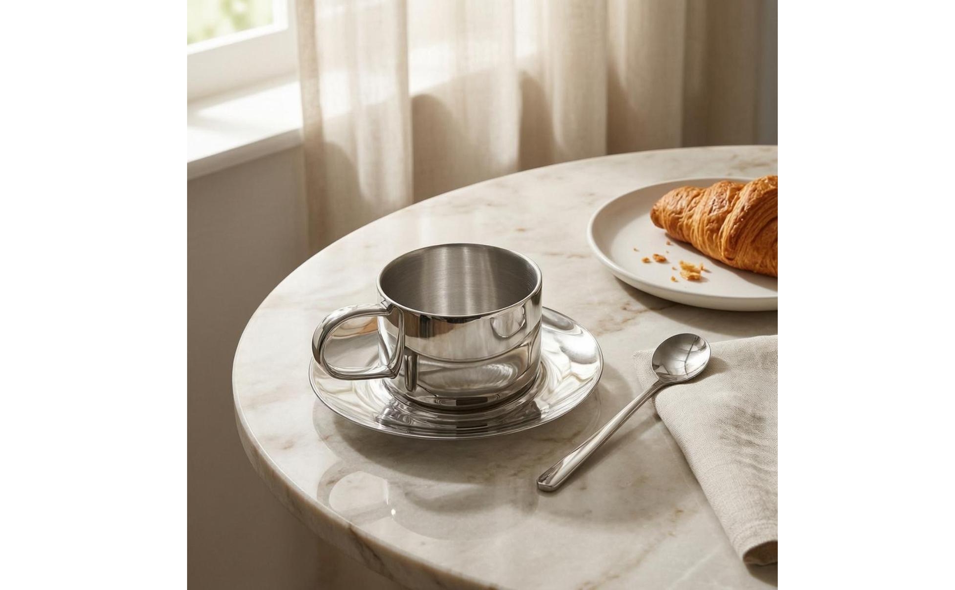 Coffee Mug and Plate Set Elegant Stainless Steel Coffee Mug Set Reflective