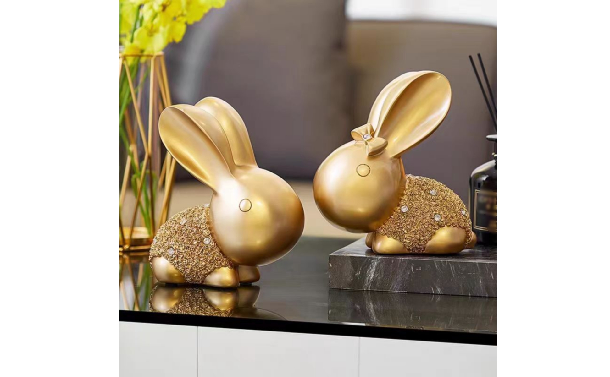 Hare Statue Pair Crystal Embellishments Seated Hare Figurines Textured Torso