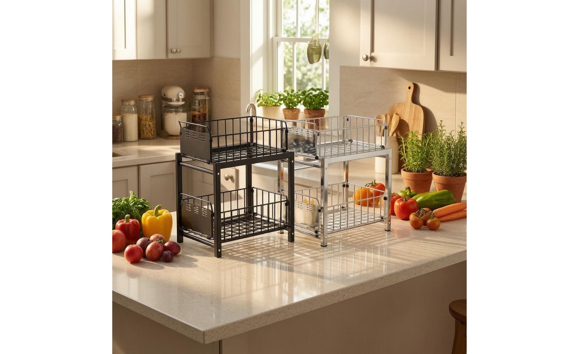 Under Sink Organizer Metal Sliding Basket Organizer Tall Side Rails for Kitchen