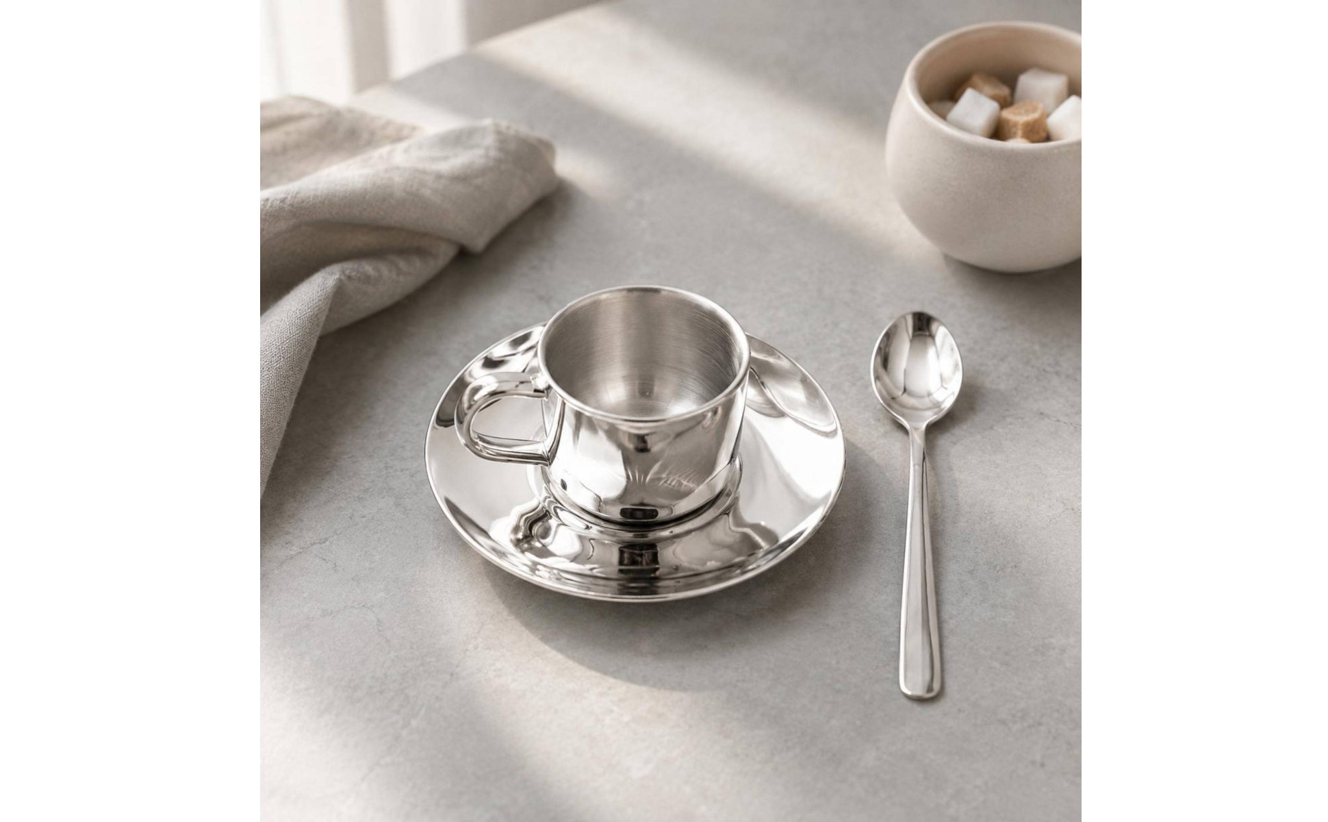 Coffee Mug and Plate Set Elegant Stainless Steel Coffee Mug Set Reflective