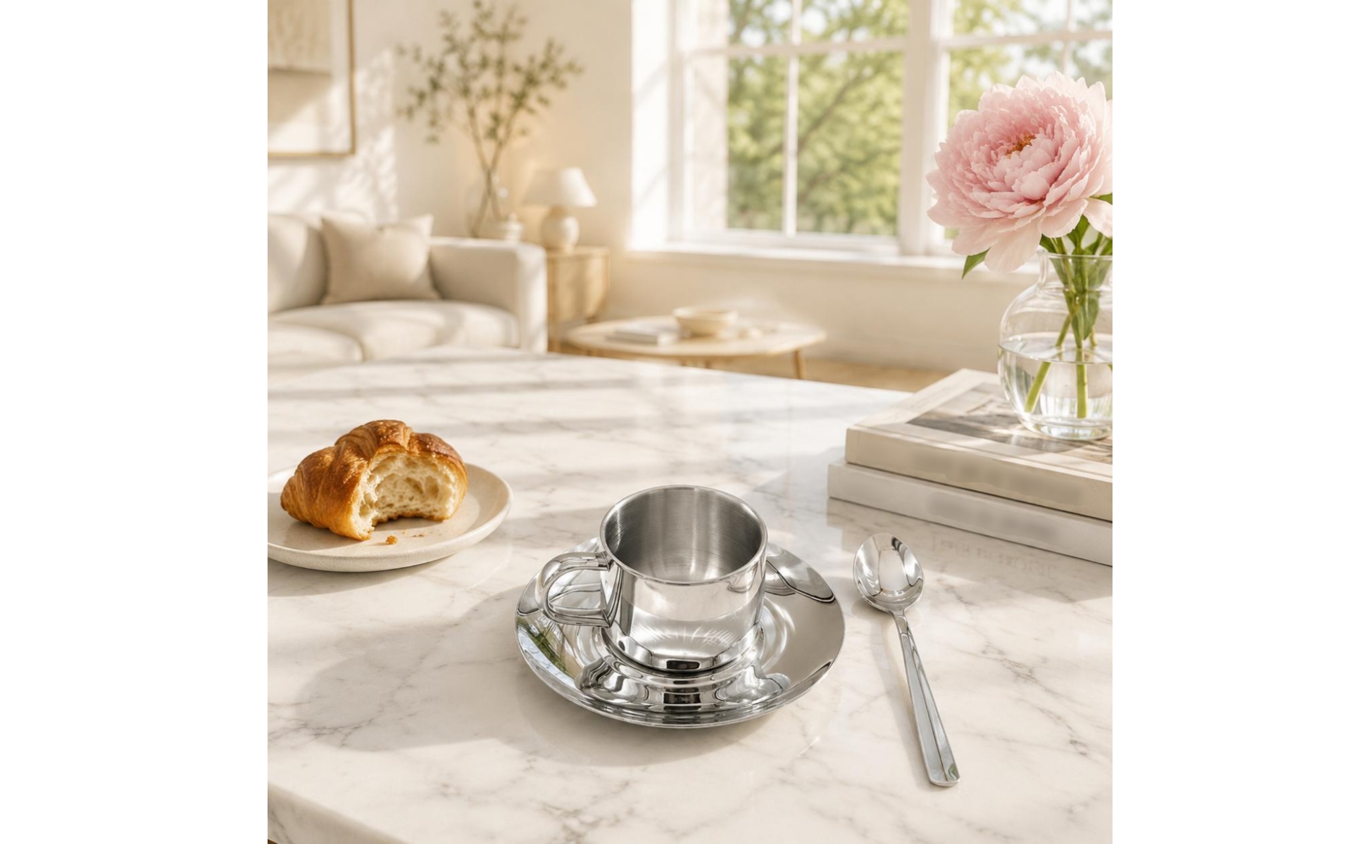 Coffee Mug and Plate Set Elegant Stainless Steel Coffee Mug Set Reflective