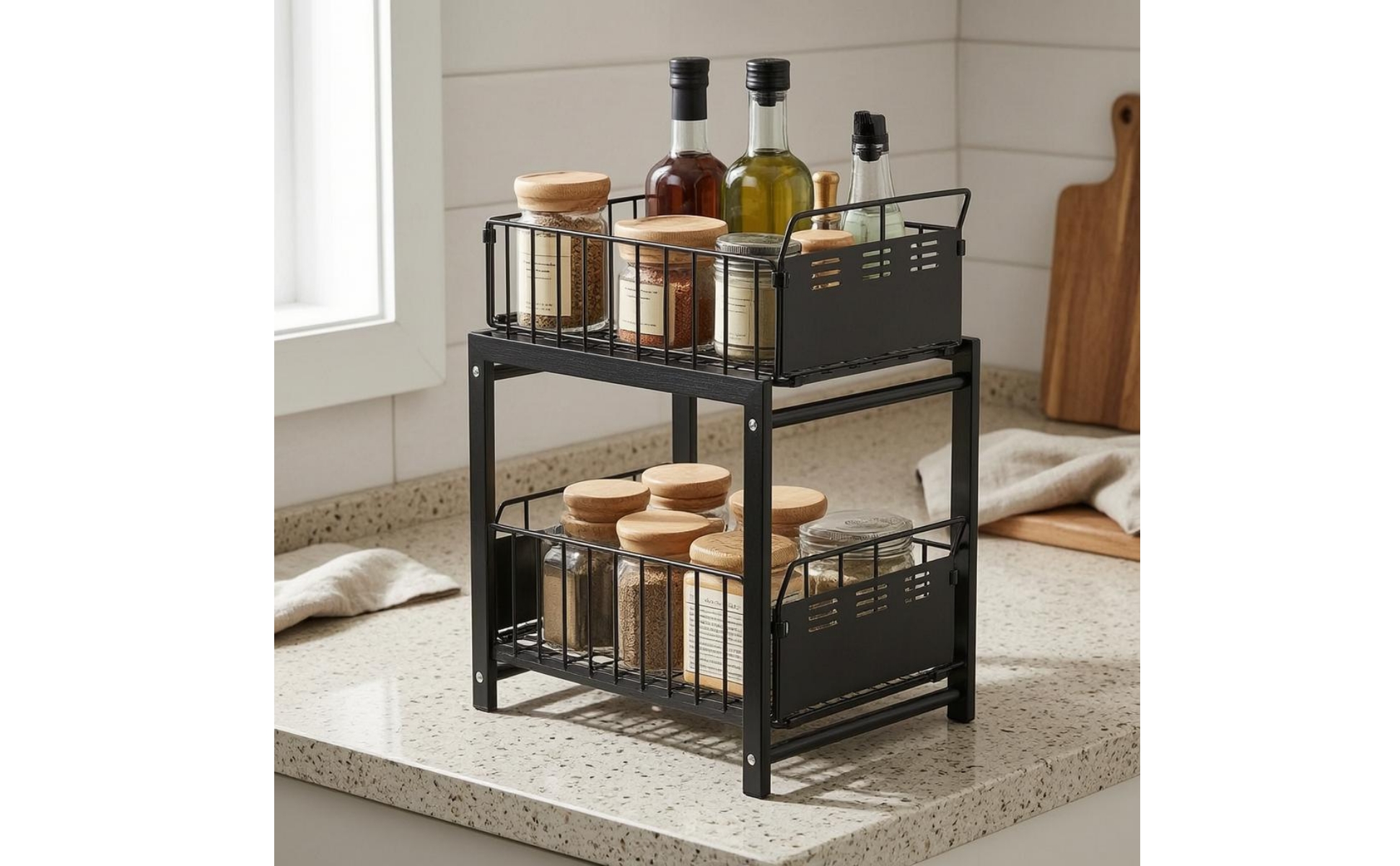 Under Sink Organizer Metal Sliding Basket Organizer Tall Side Rails for Kitchen
