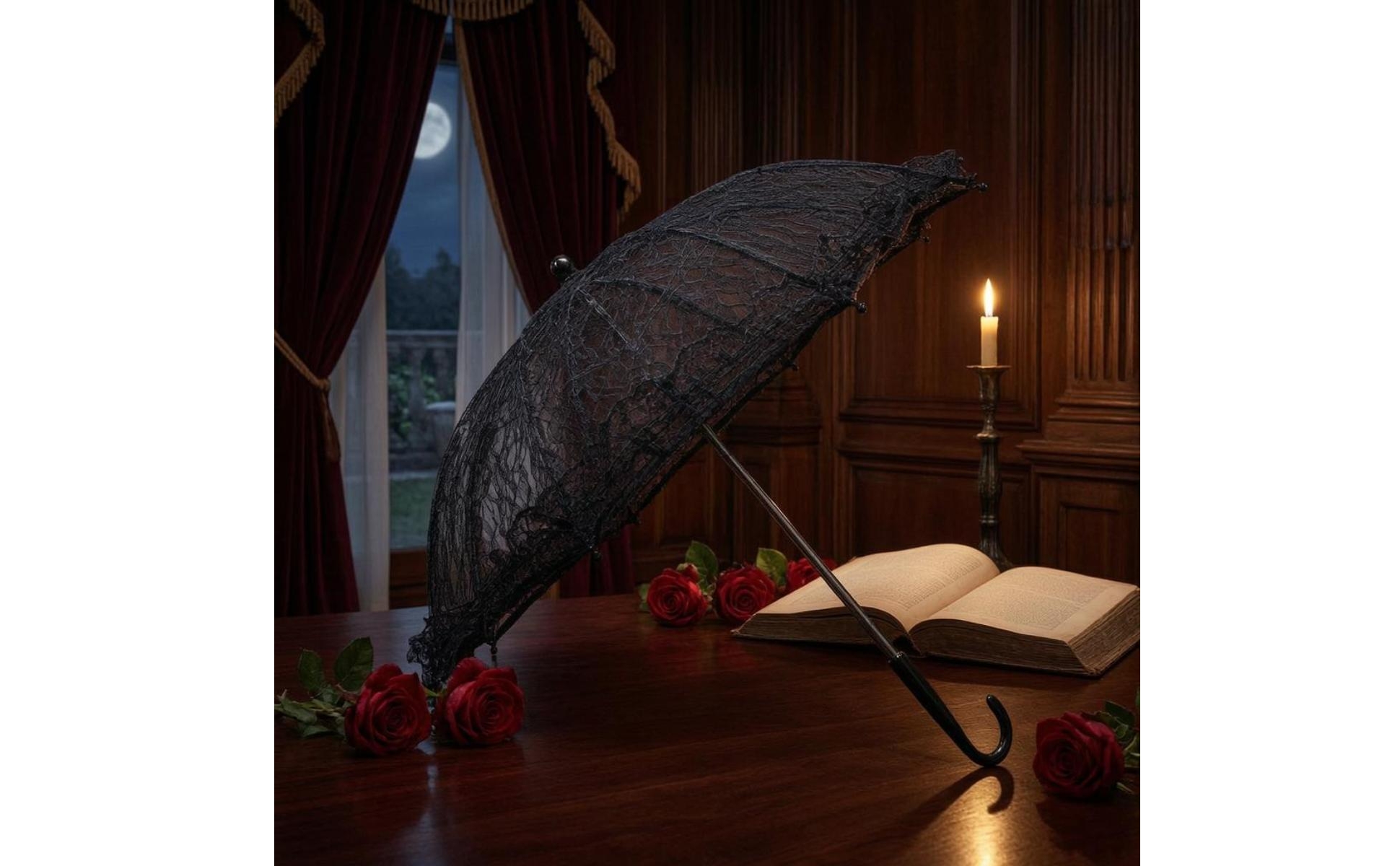 Ombrello in Pizzo Nero Traforato Ombrello con Bordo Smerlato Leggero