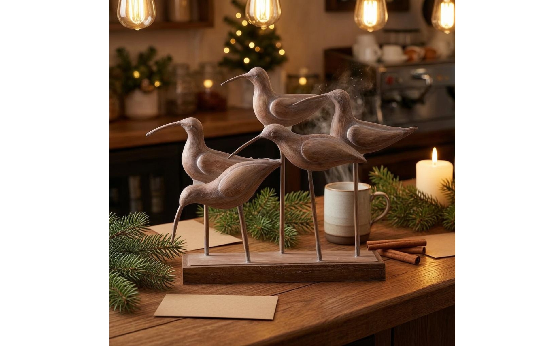 Wood Base Bird Ornament Rustic Metal Stem Bird Decor Vintage-Style