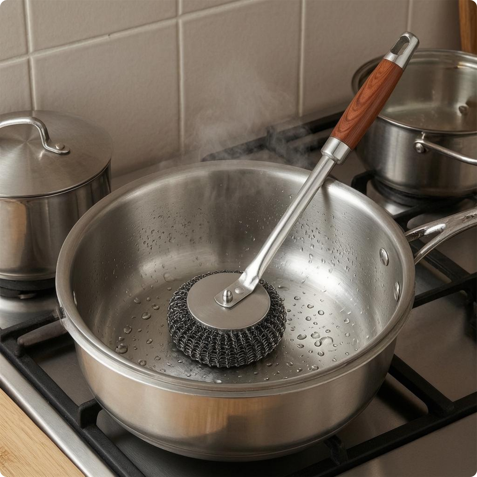 Kitchen Pot Brush Replaceable Head Stainless Steel Scrubber Heavy Duty