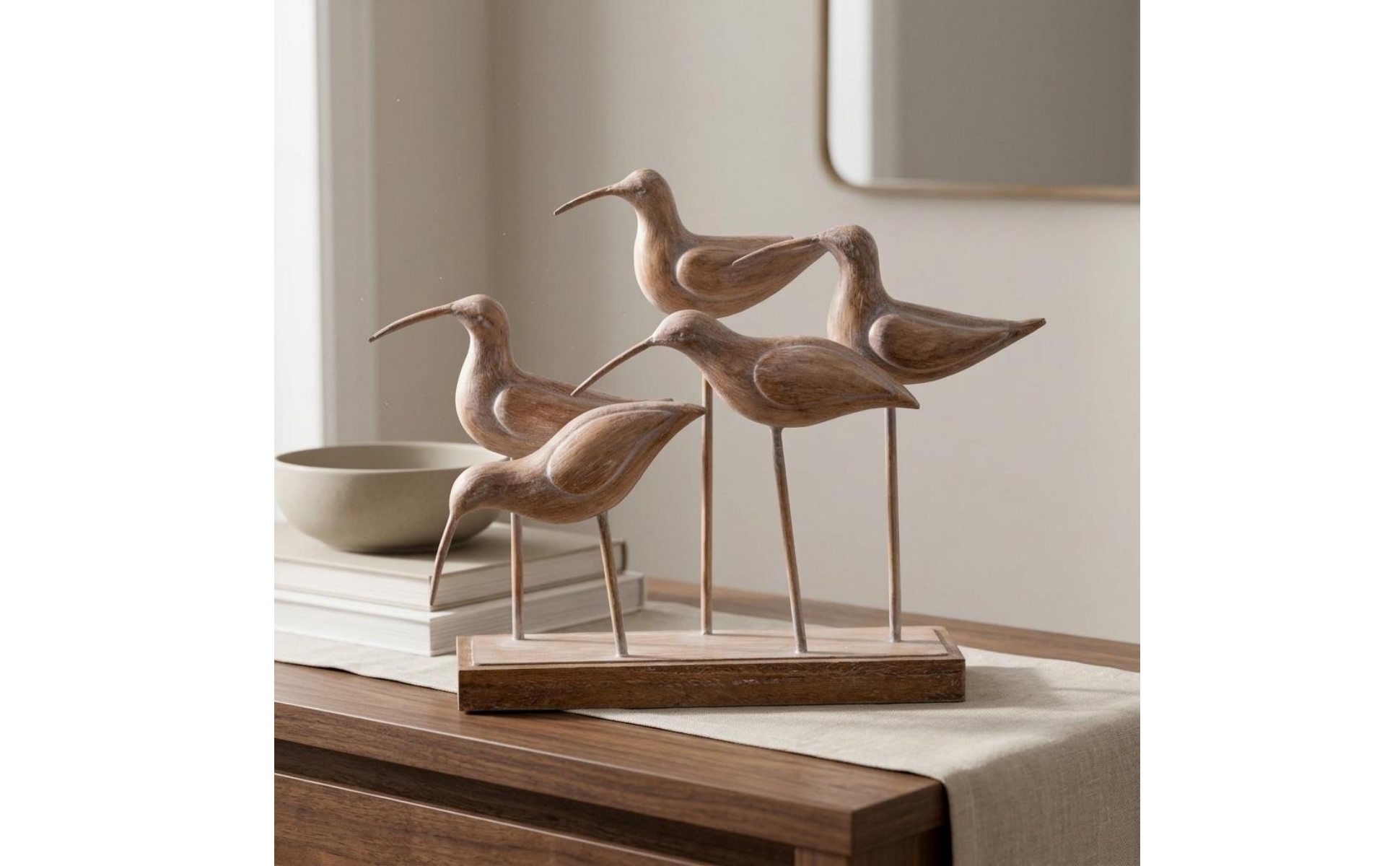 Wood Base Bird Ornament Rustic Metal Stem Bird Decor Vintage-Style