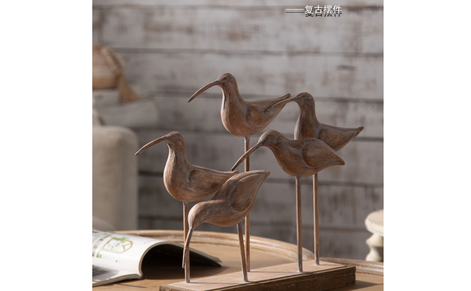 Wood Base Bird Ornament Rustic Metal Stem Bird Decor Vintage-Style