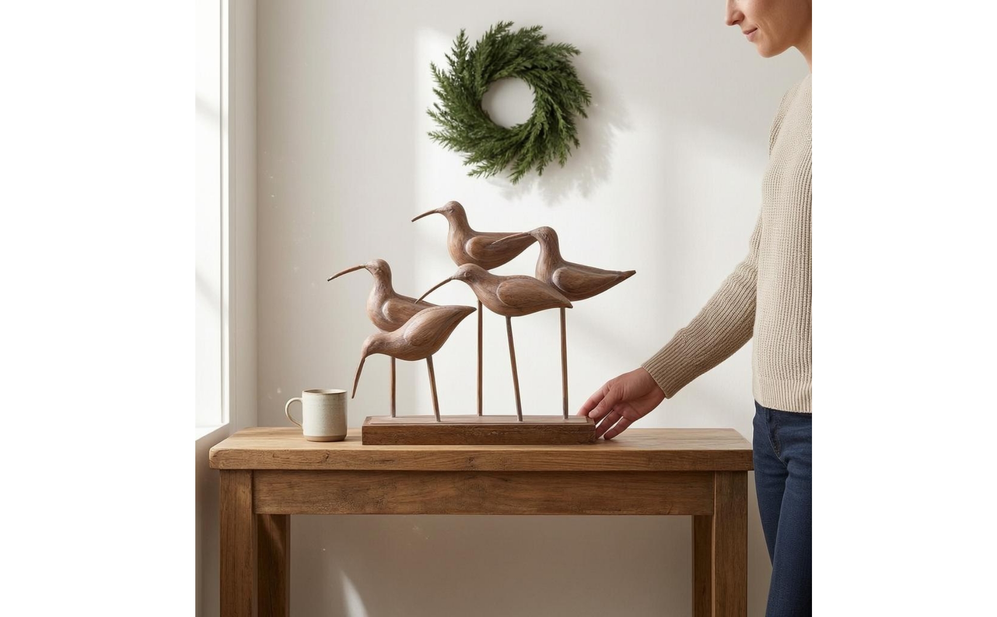Wood Base Bird Ornament Rustic Metal Stem Bird Decor Vintage-Style