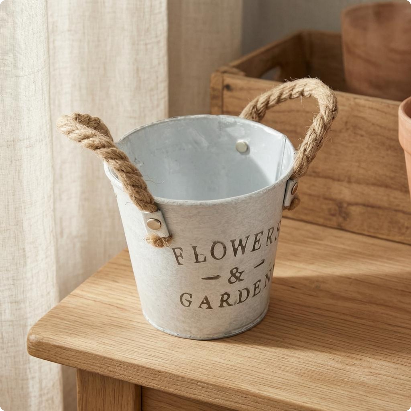 Metal Bucket Planter Hand-Painted Rope Handle Planter Printed Lettering