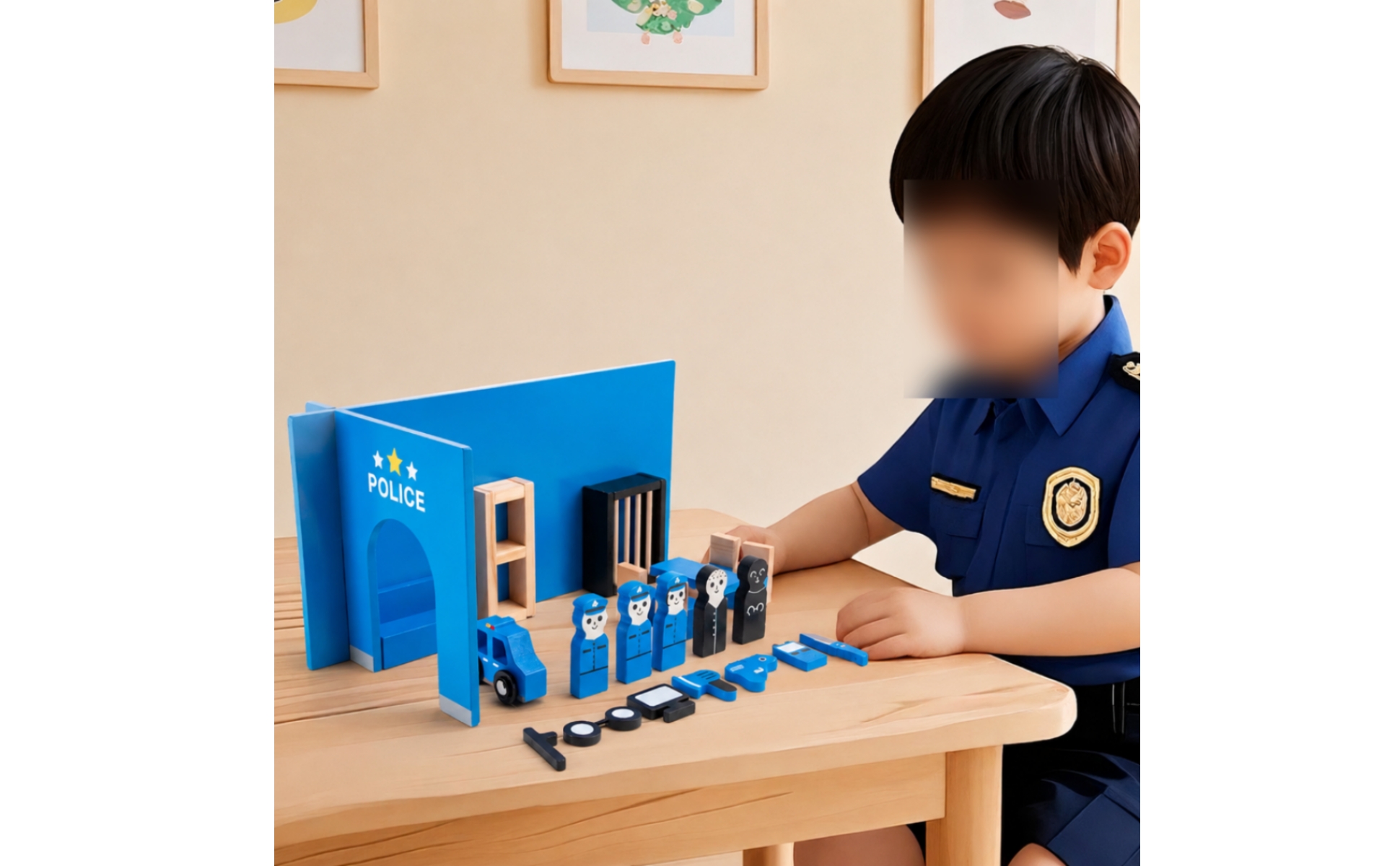 Police Play Set Painted Blue Wooden Police Playset Assorted Pieces