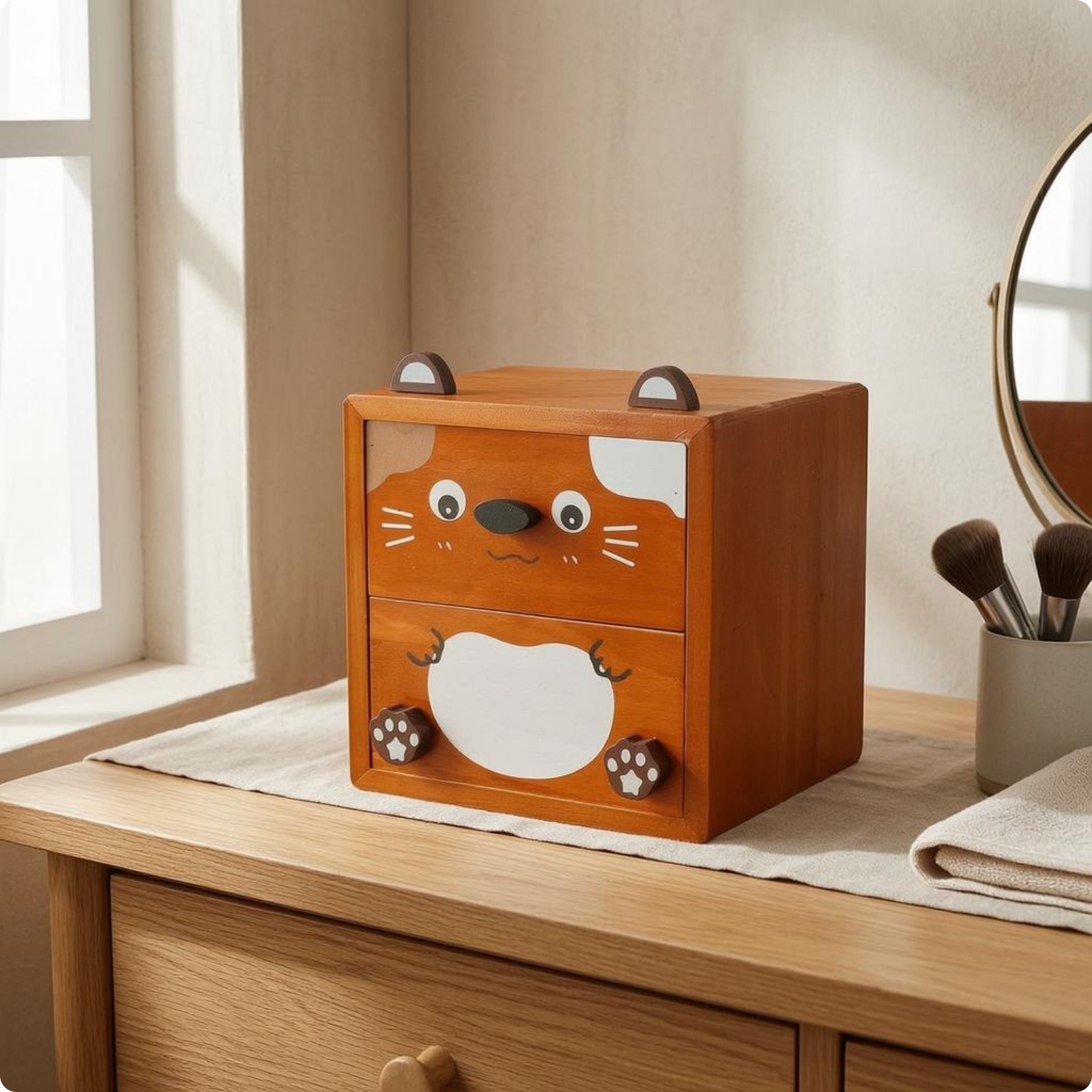 Cat Face Storage Box Pull-out Drawers Wooden Drawer Organizer Paw-Print Knobs
