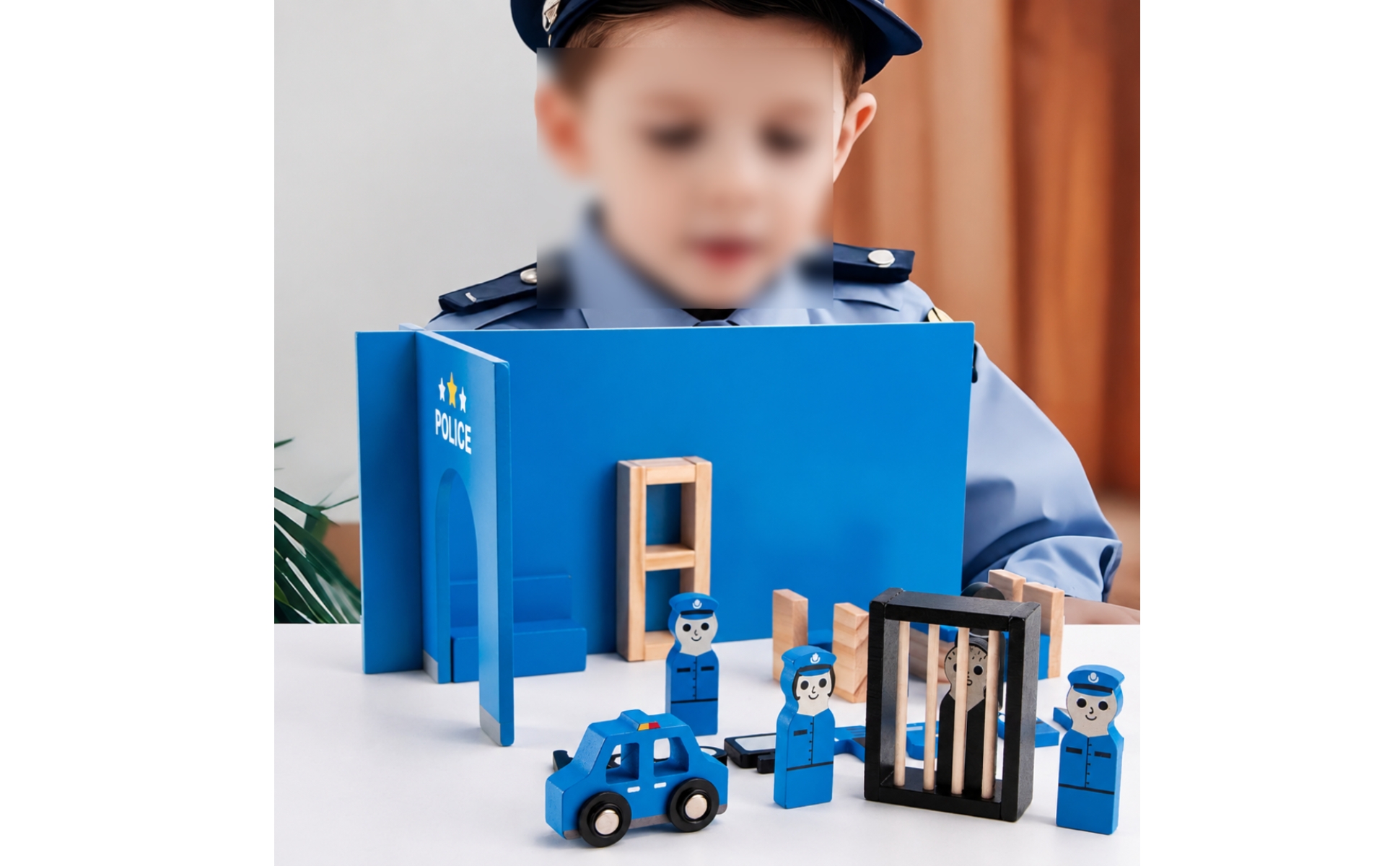 Police Play Set Painted Blue Wooden Police Playset Assorted Pieces