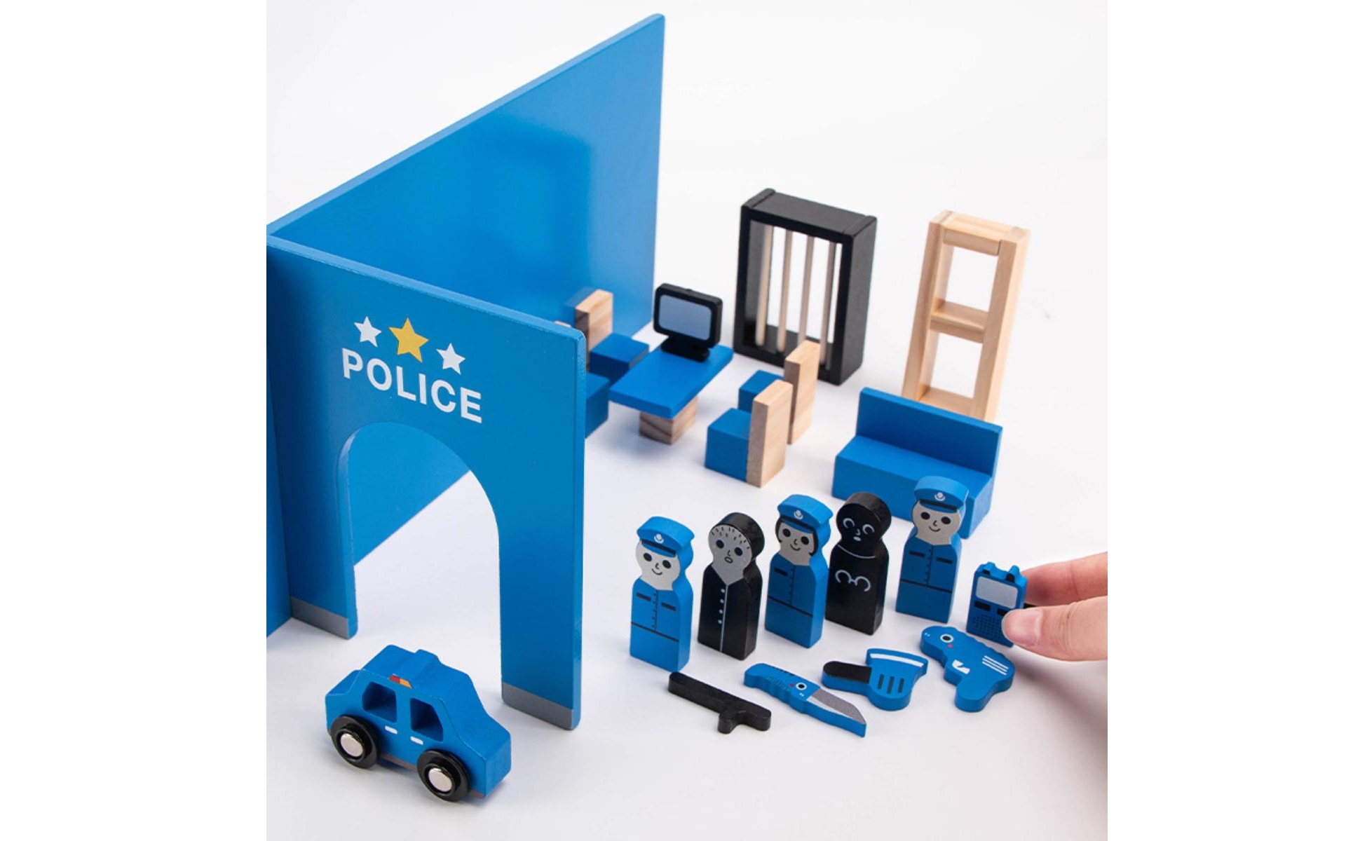 Police Play Set Painted Blue Wooden Police Playset Assorted Pieces