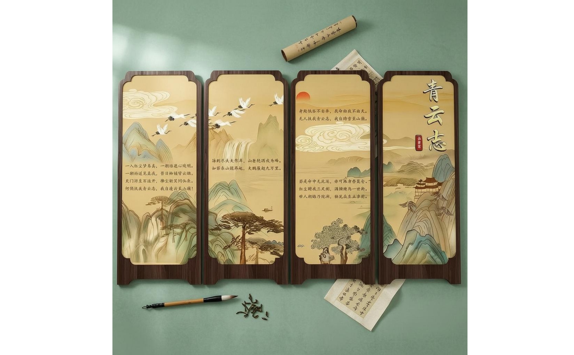 Desktop Folding Screen Mountain and Cloud Four-Panel Folding Screen Calligraphy