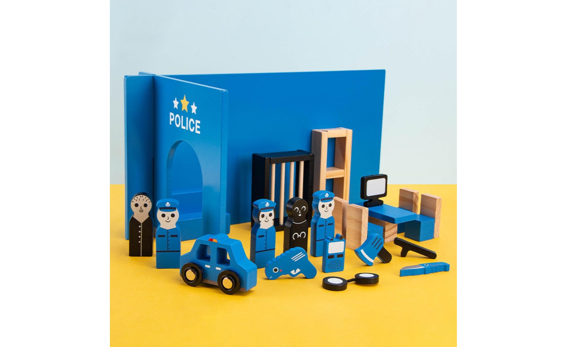 Police Play Set Painted Blue Wooden Police Playset Assorted Pieces