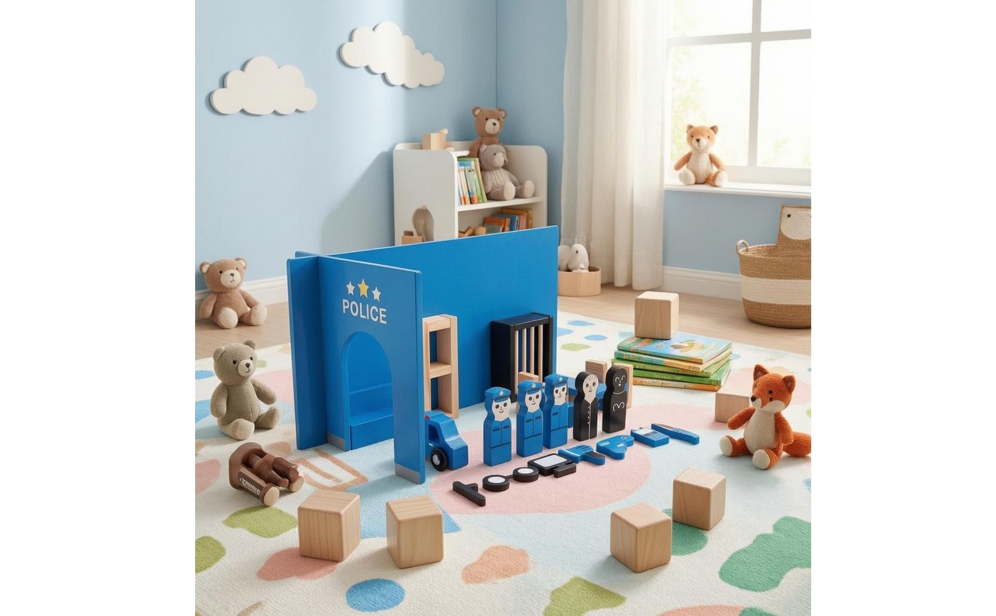 Police Play Set Painted Blue Wooden Police Playset Assorted Pieces