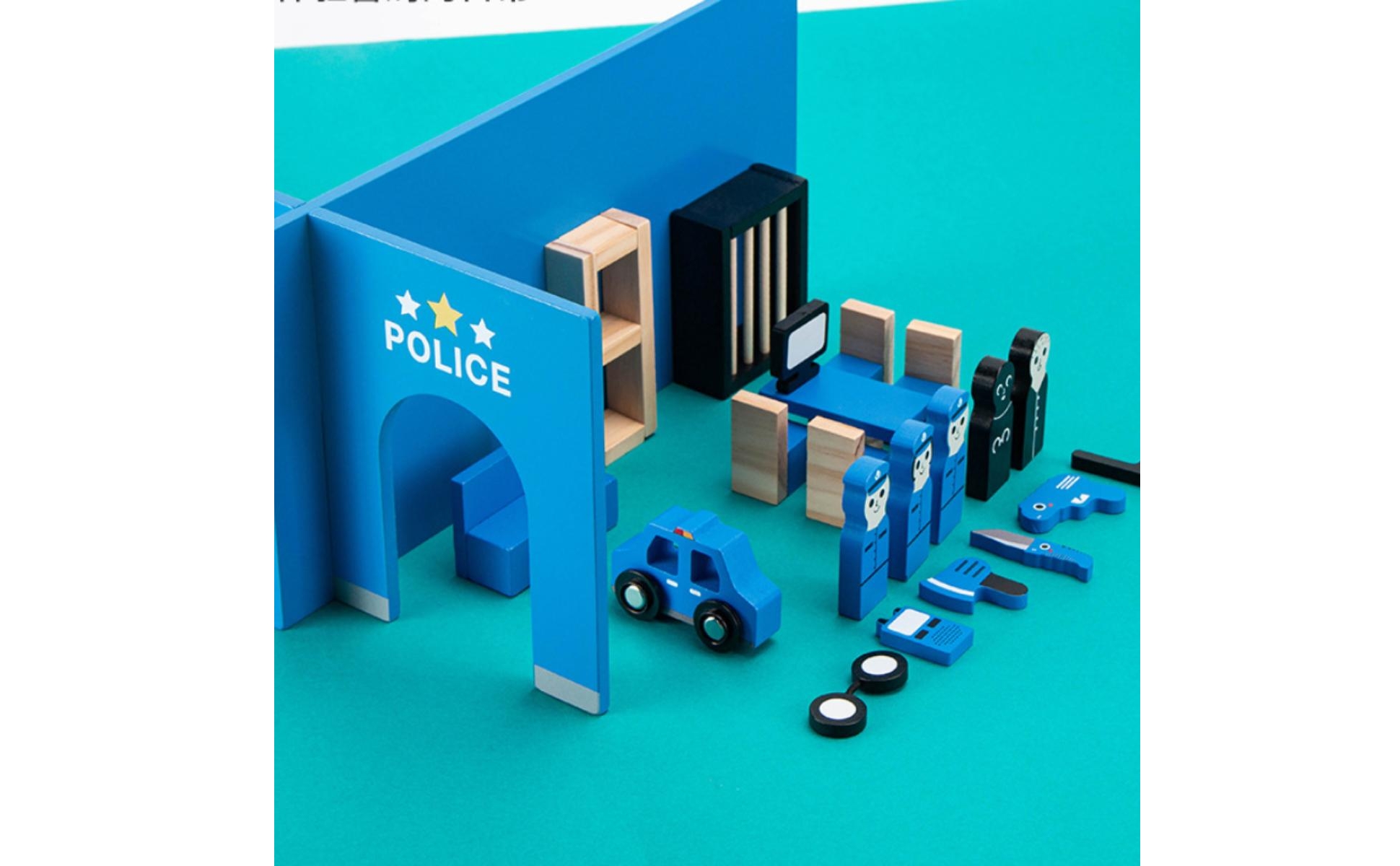 Police Play Set Painted Blue Wooden Police Playset Assorted Pieces