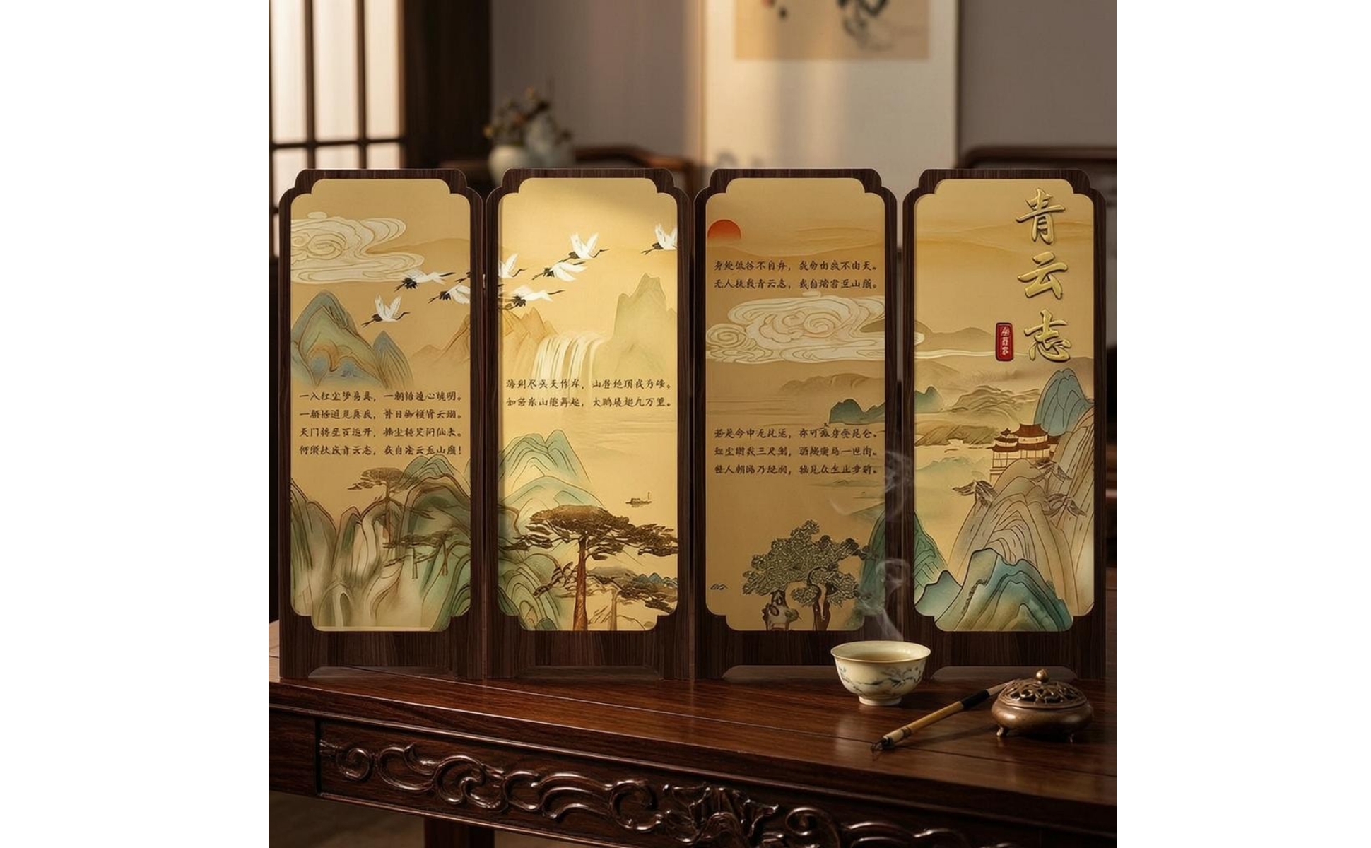 Desktop Folding Screen Mountain and Cloud Four-Panel Folding Screen Calligraphy