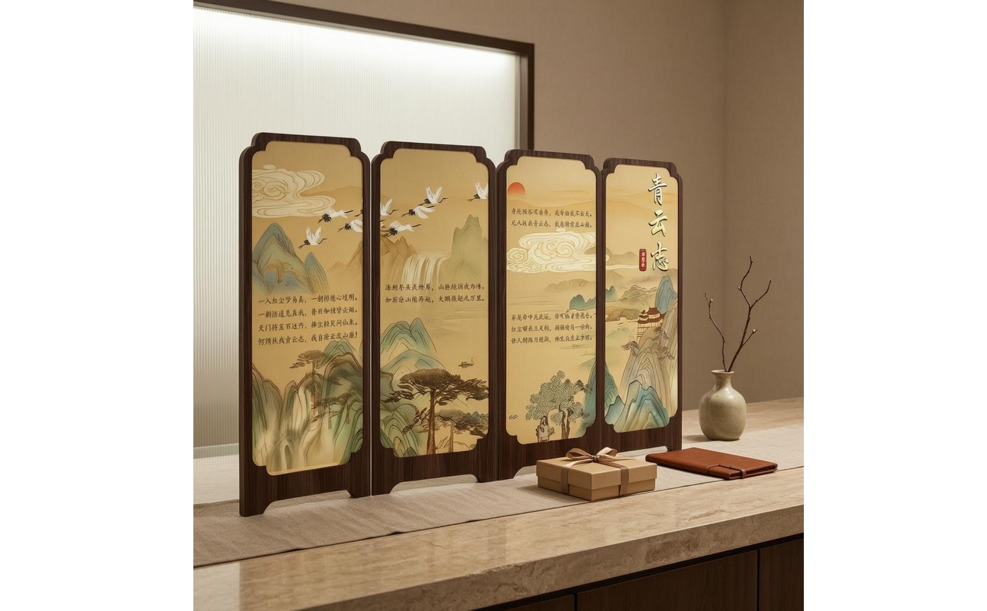 Desktop Folding Screen Mountain and Cloud Four-Panel Folding Screen Calligraphy