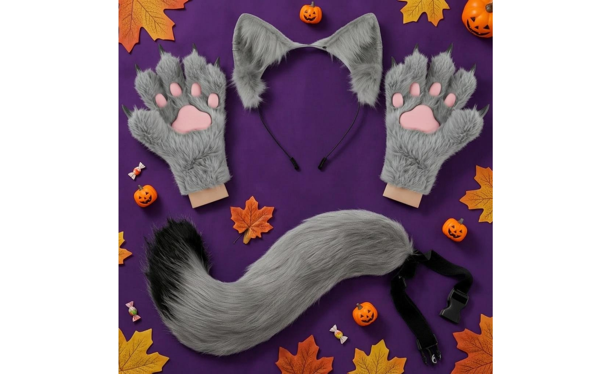 Cat Ears Tail Gloves Set Faux Cat Ear Headband Adjustable Strap