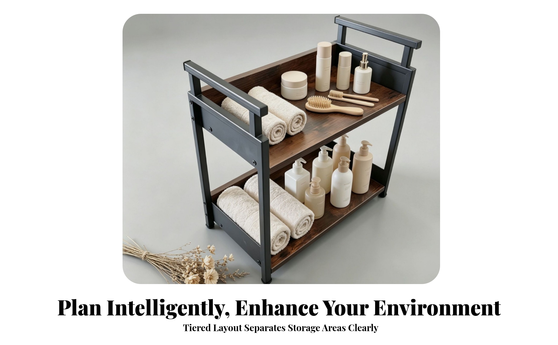 Two-Tier Storage Rack Open Design Wood-Grain Shelf Rack Raised Side Rails
