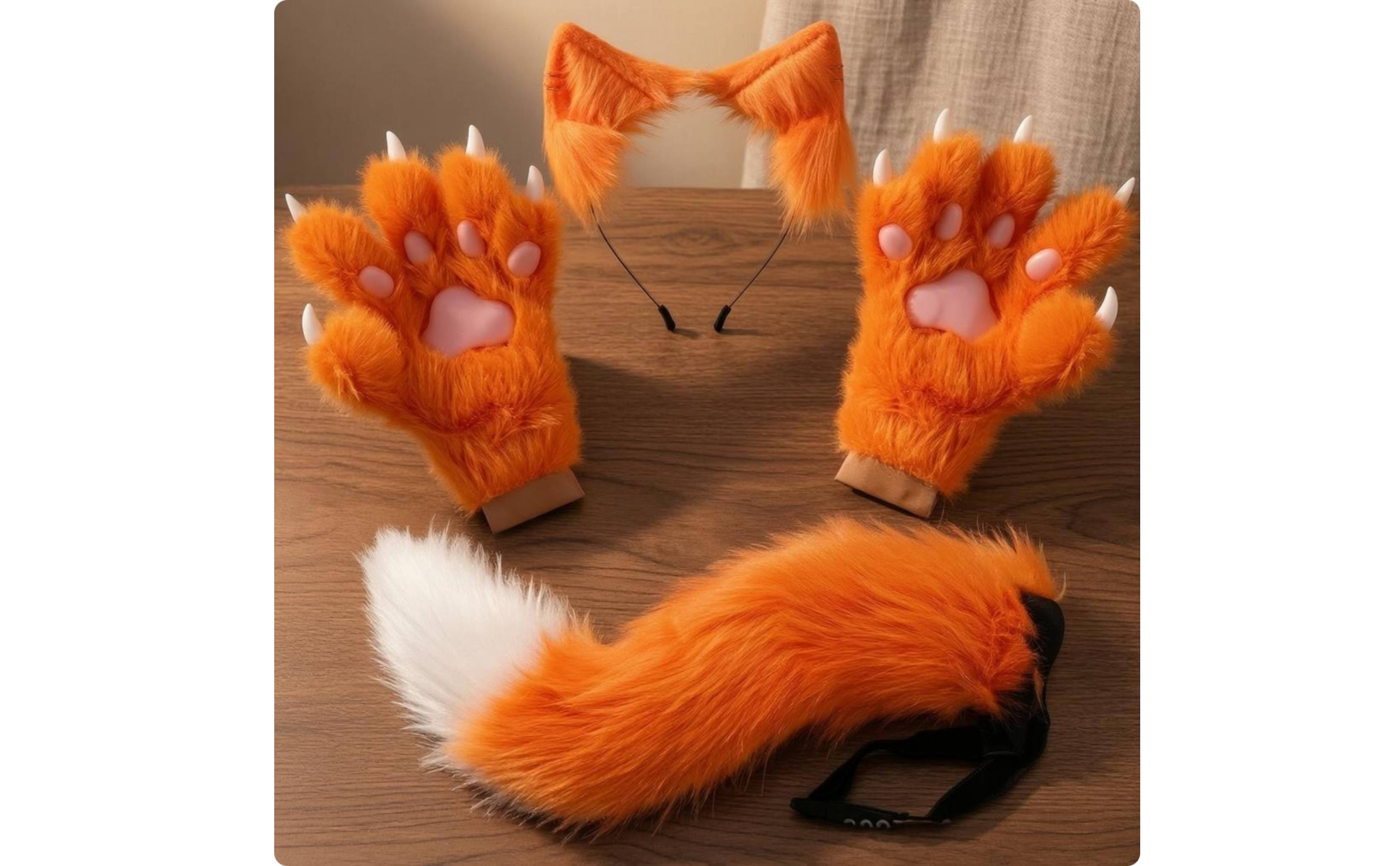 Cat Ears Tail Gloves Set Faux Cat Ear Headband Adjustable Strap