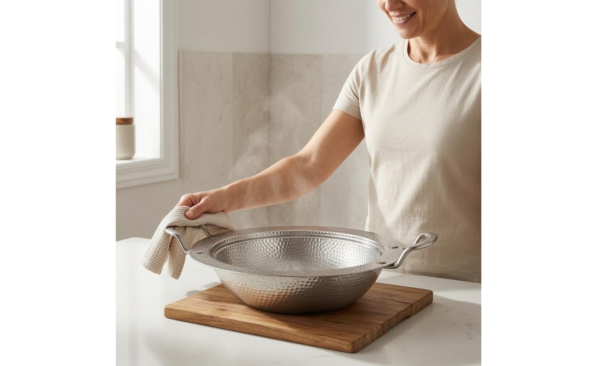 Round Stainless Steel Serving Pan One-Piece Construction for Cooking