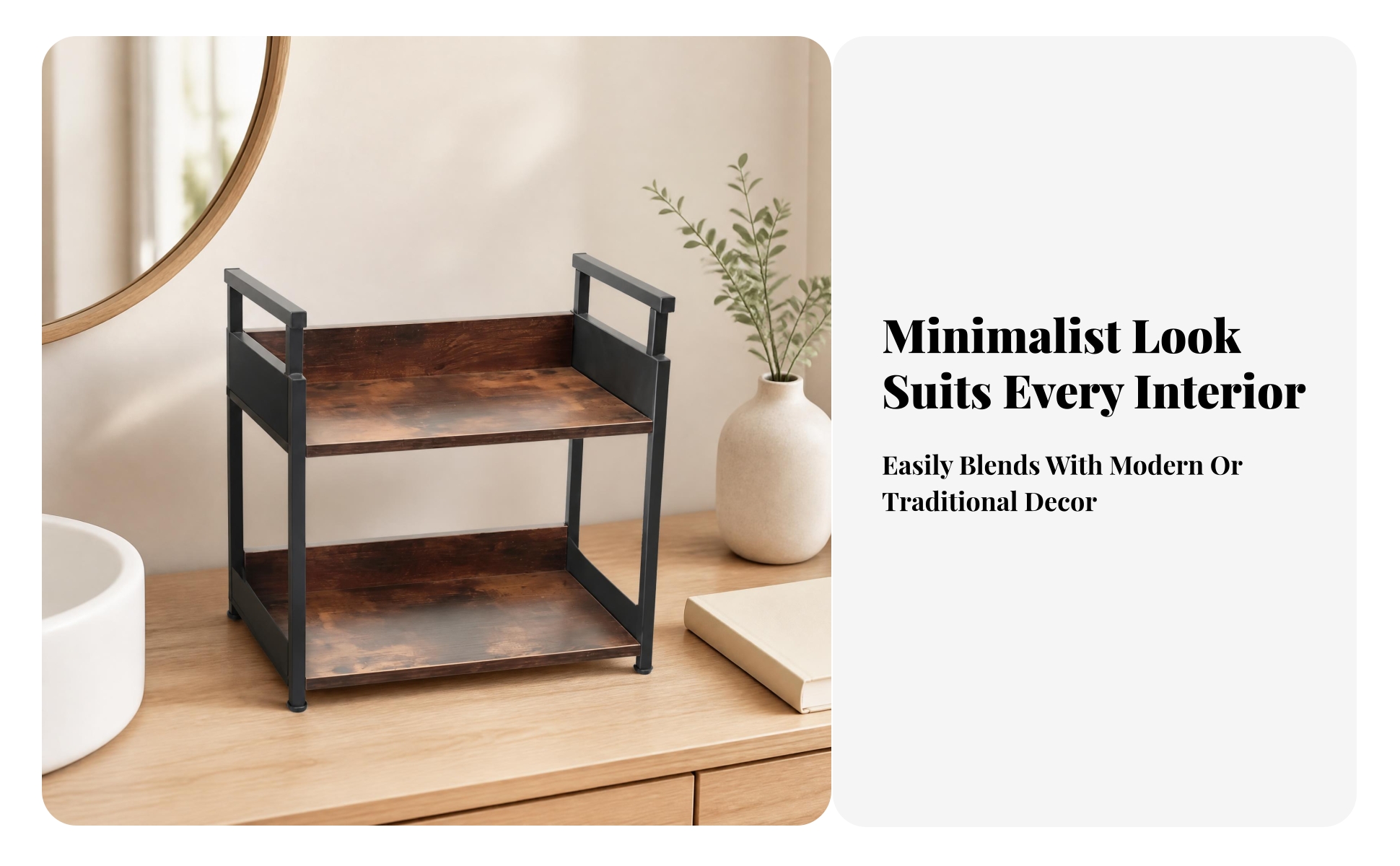 Two-Tier Storage Rack Open Design Wood-Grain Shelf Rack Raised Side Rails