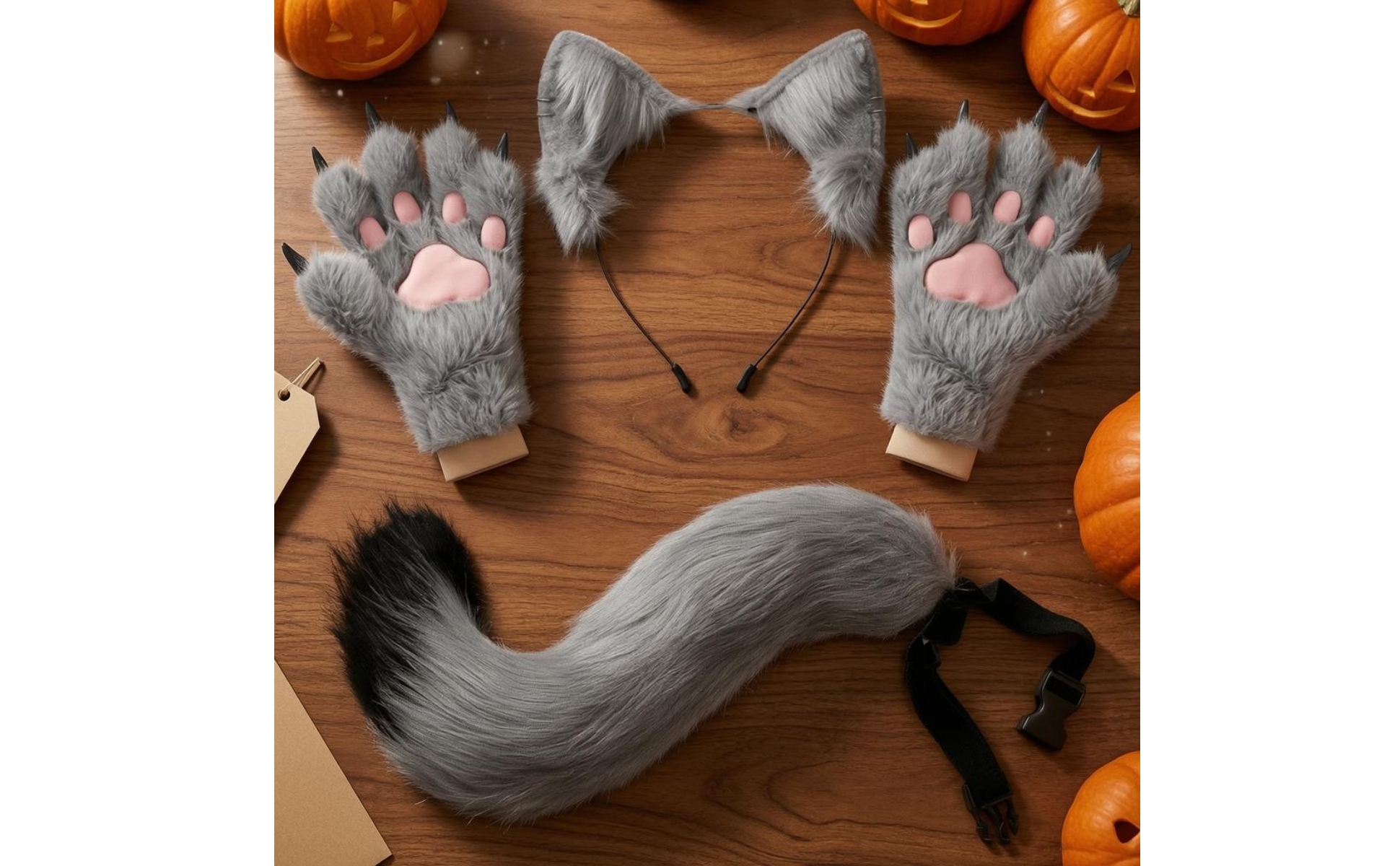 Cat Ears Tail Gloves Set Faux Cat Ear Headband Adjustable Strap