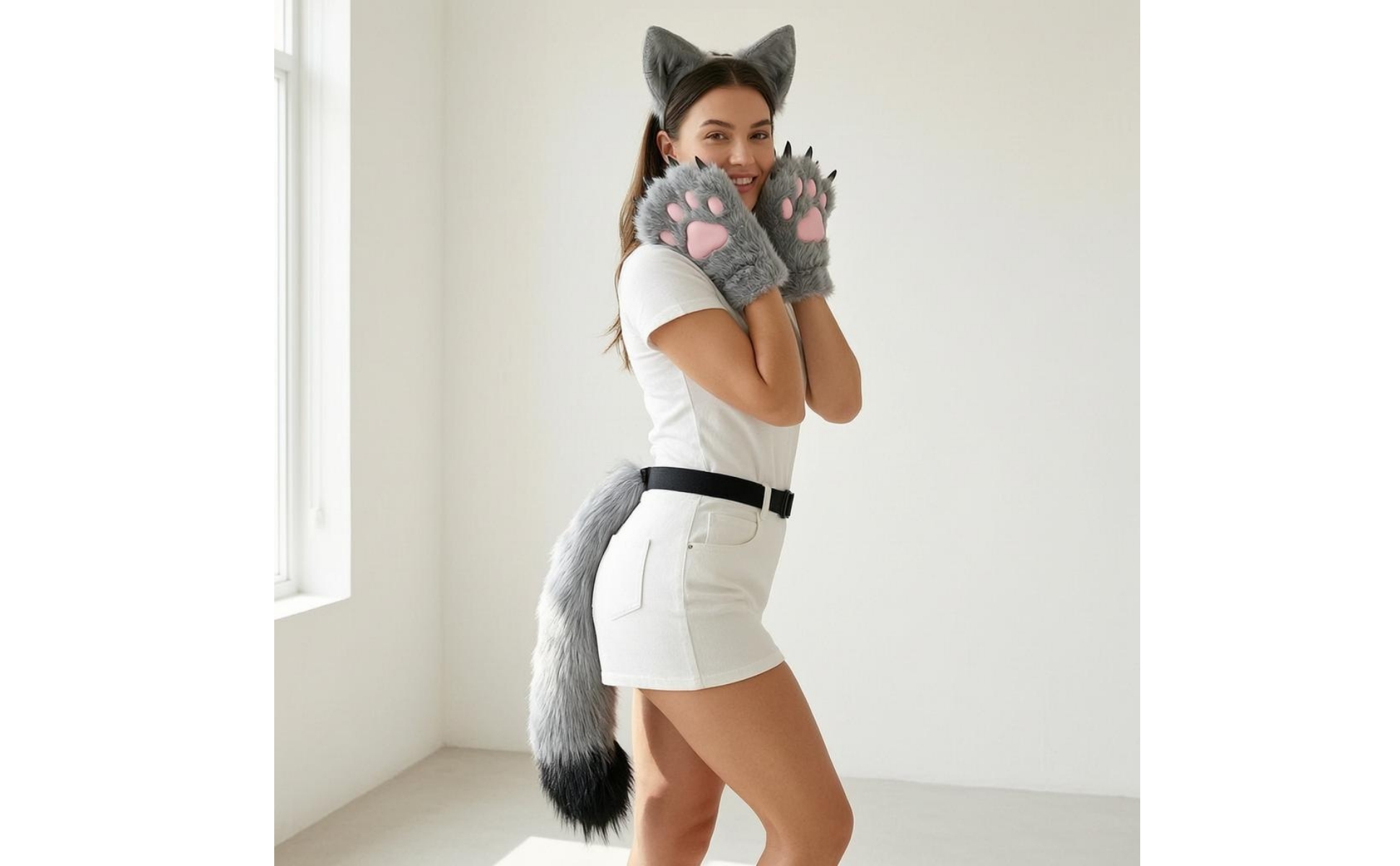 Cat Ears Tail Gloves Set Faux Cat Ear Headband Adjustable Strap
