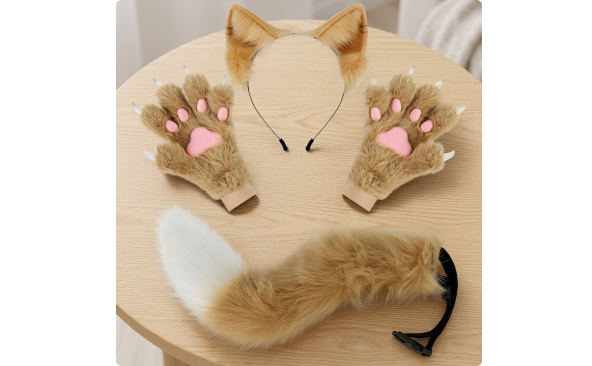 Cat Ears Tail Gloves Set Faux Cat Ear Headband Adjustable Strap