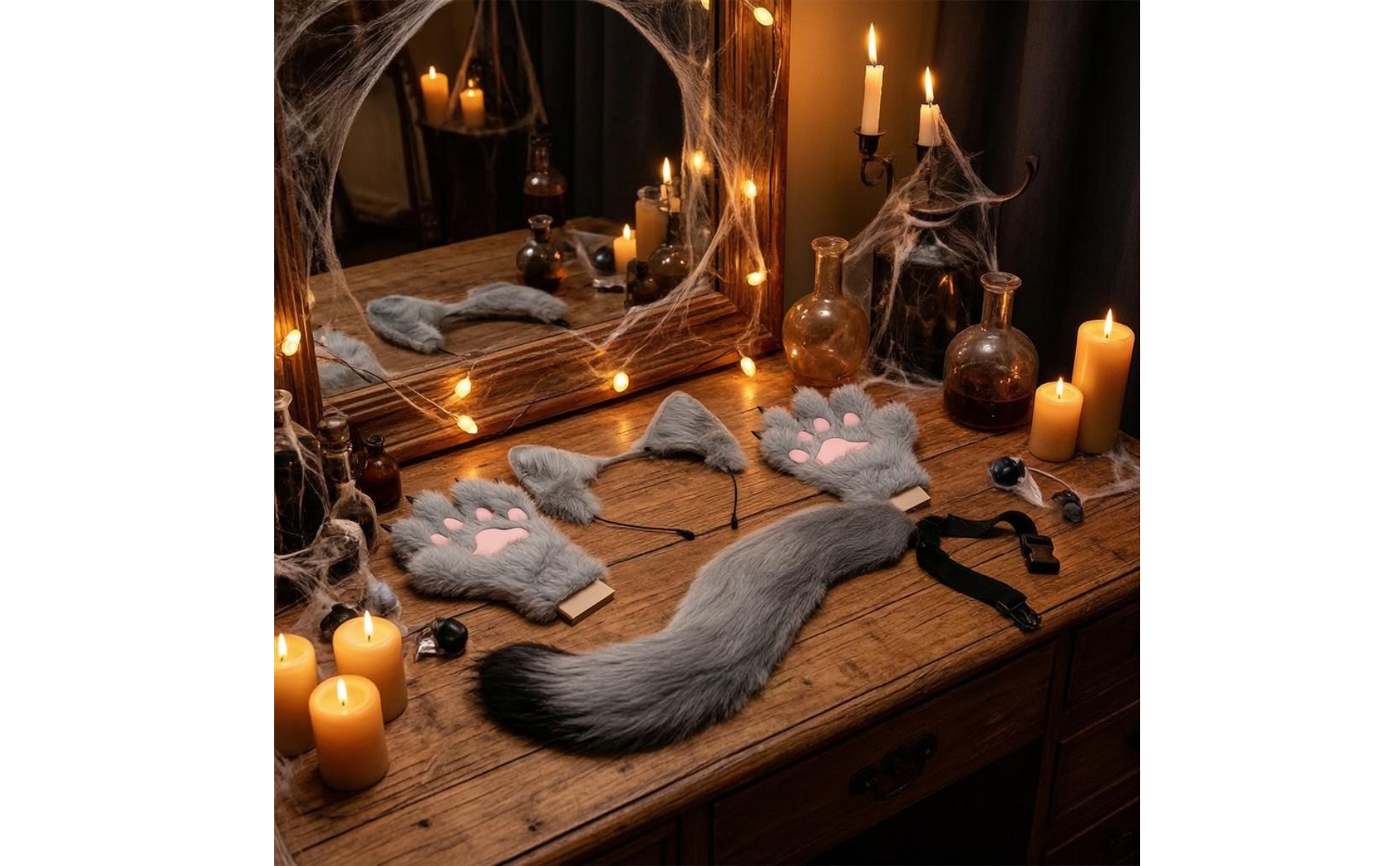 Cat Ears Tail Gloves Set Faux Cat Ear Headband Adjustable Strap