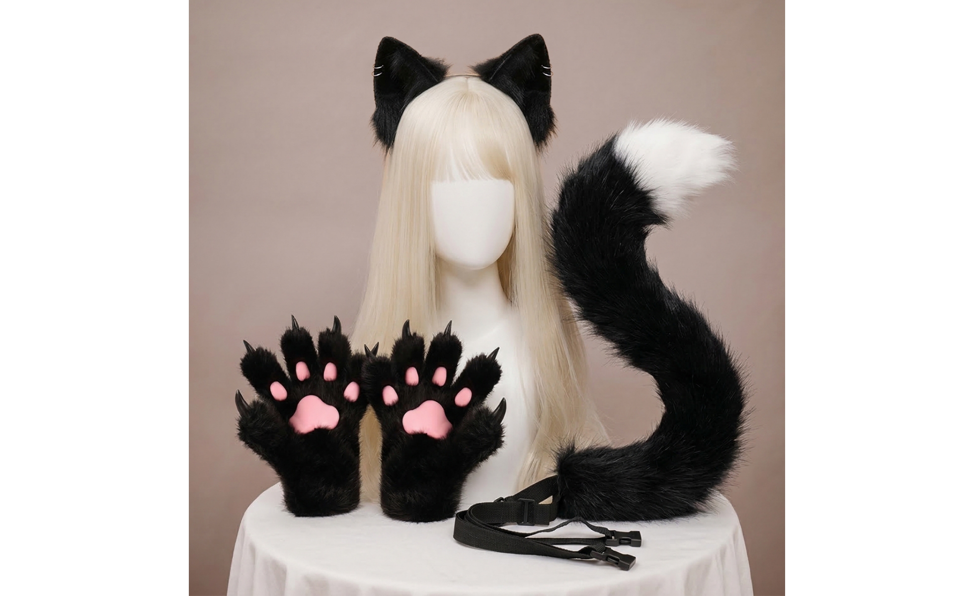 Cat Ears Tail Gloves Set Faux Cat Ear Headband Adjustable Strap