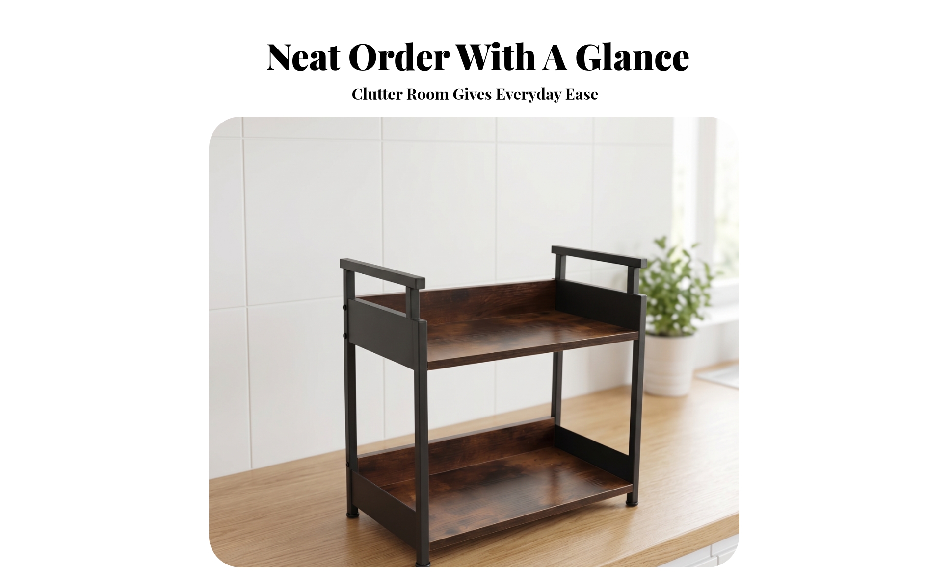 Two-Tier Storage Rack Open Design Wood-Grain Shelf Rack Raised Side Rails