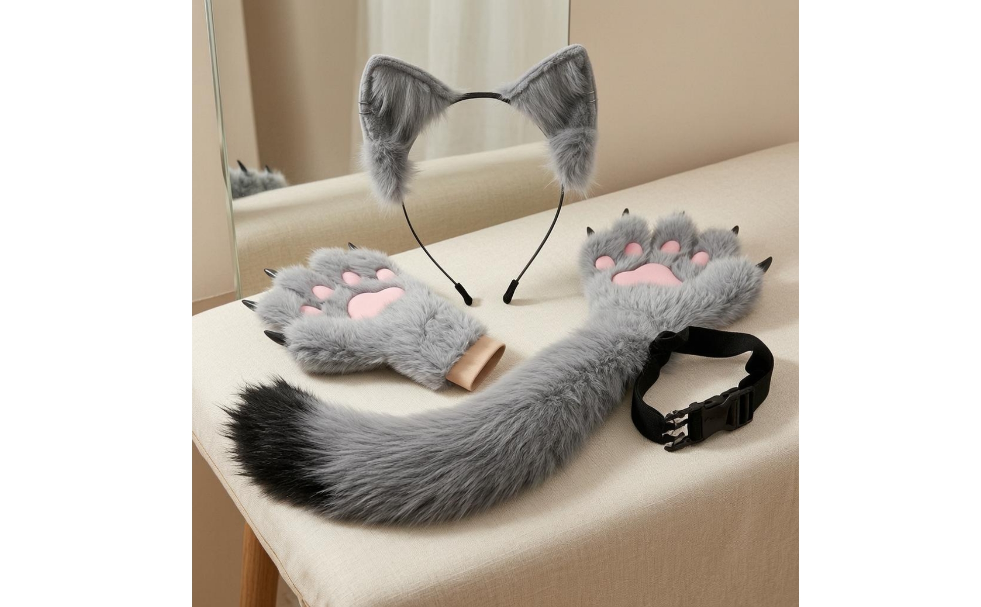Cat Ears Tail Gloves Set Faux Cat Ear Headband Adjustable Strap