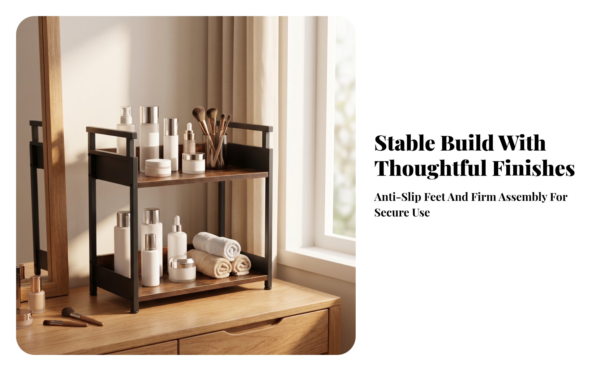 Two-Tier Storage Rack Open Design Wood-Grain Shelf Rack Raised Side Rails